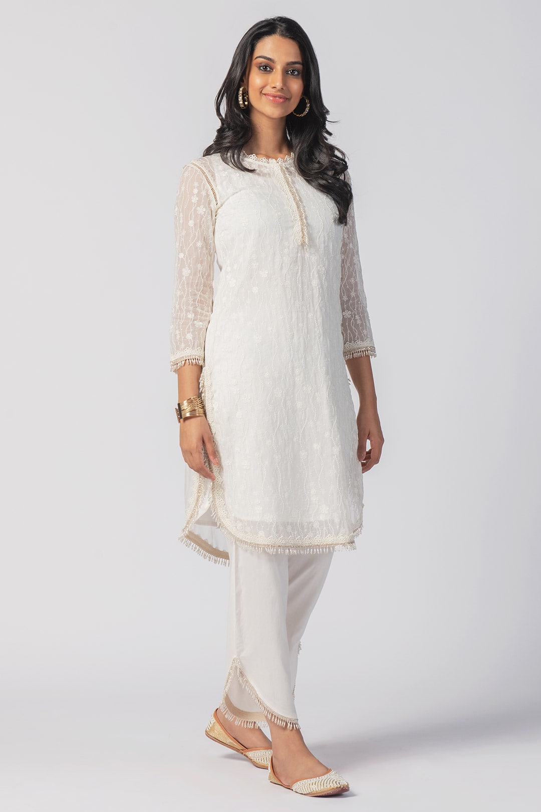 Freya Tencel Luxe Organza White Kurta with Supima Cotton Round Hem White Pant Set