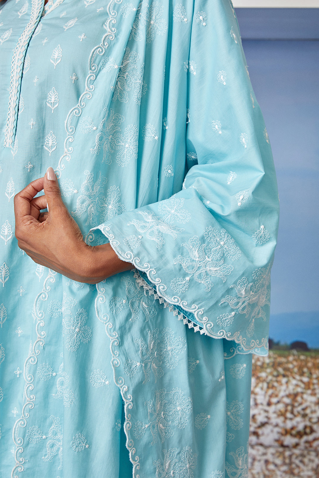 Mulmul Supima Cotton Lake Shore Turq Kurta