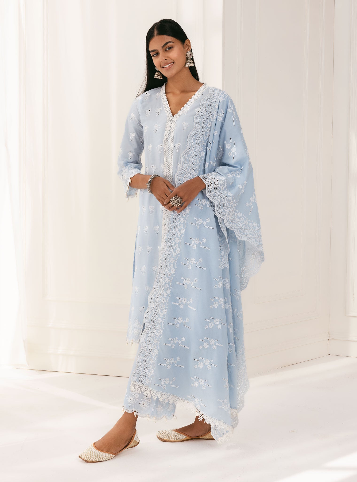 Mulmul Supima Cotton Nitoi Blue Kurta
