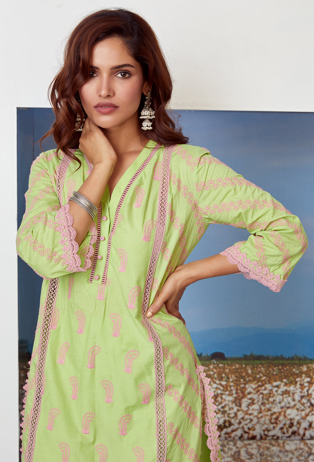 Mulmul Supima Cotton Rhinestone Green Kurta