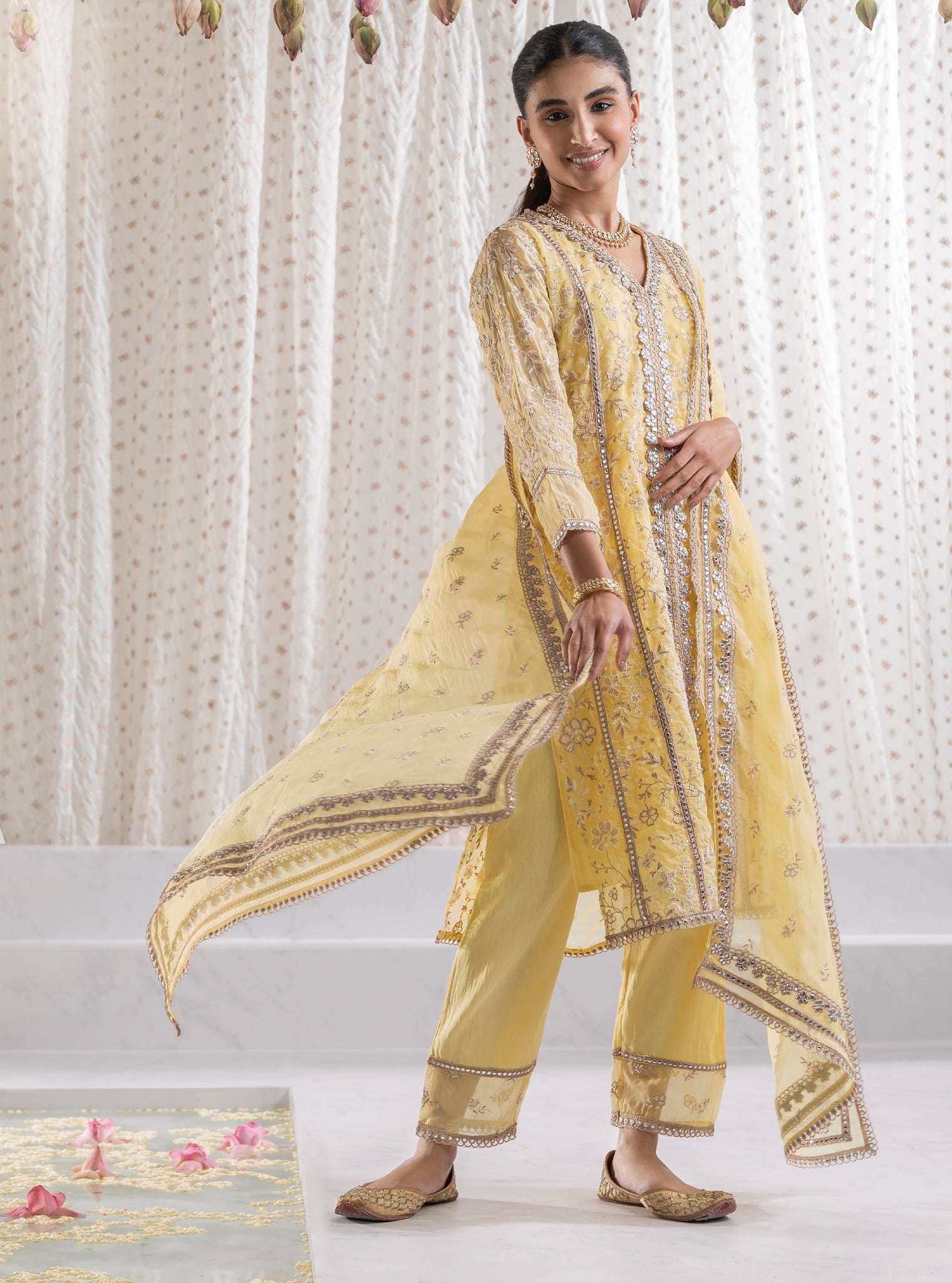 Mulmul Organza Sawariya Yellow Kurta With Mulmul Pima Sawariya Yellow Pant