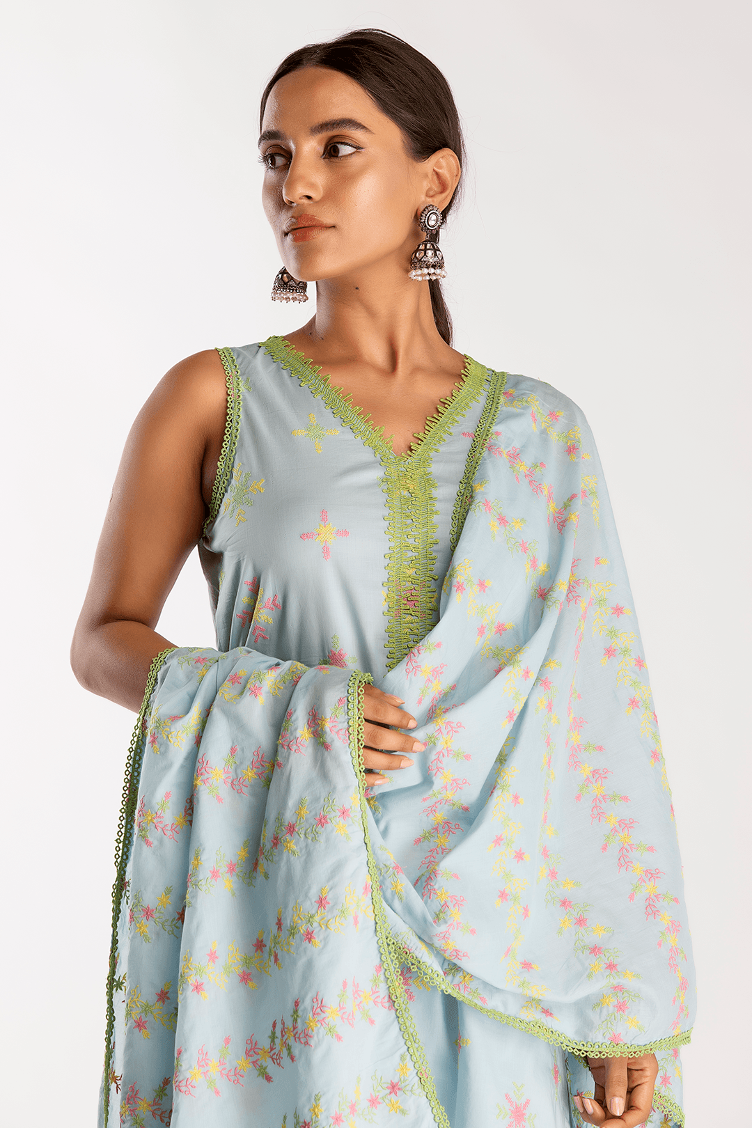 Mulmul Supima Cotton Botanica Light Blue Dupatta