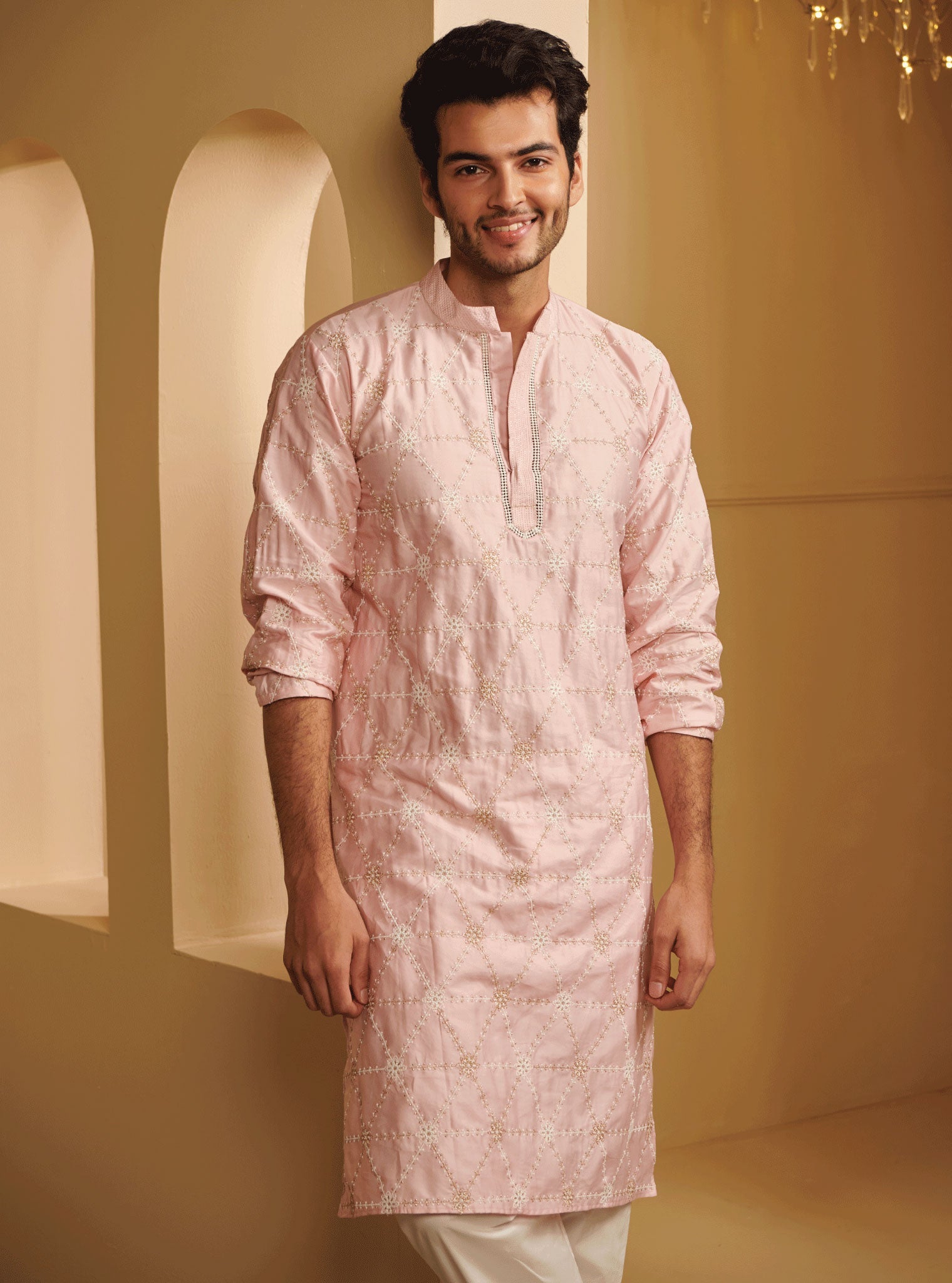 Mulmul Pima Satin Vara Pink Kurta With Mulmul Supima Cotton Vara White Pyajama