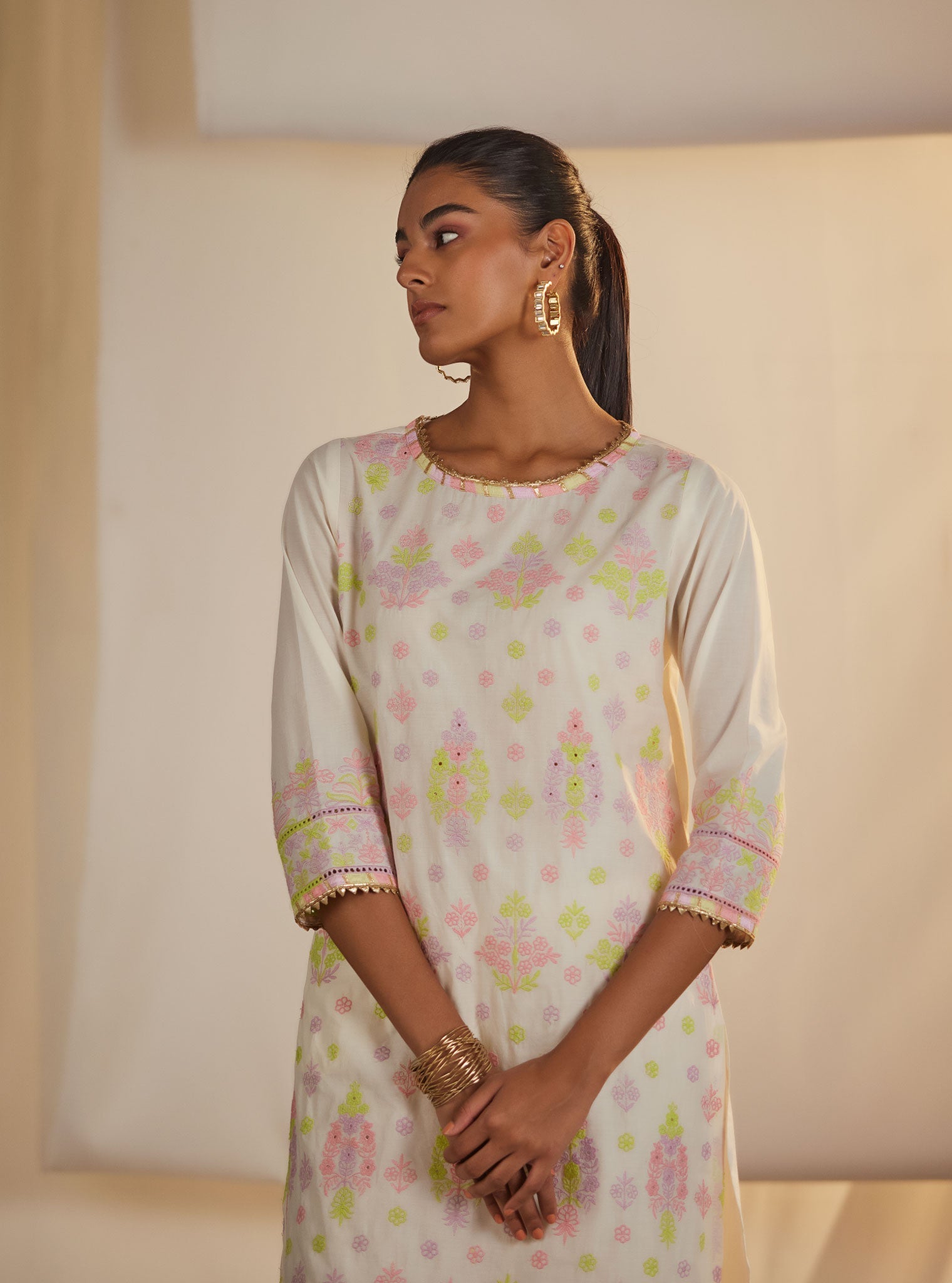 Zahava Supima Cotton Off White/Lilac Kurta Set