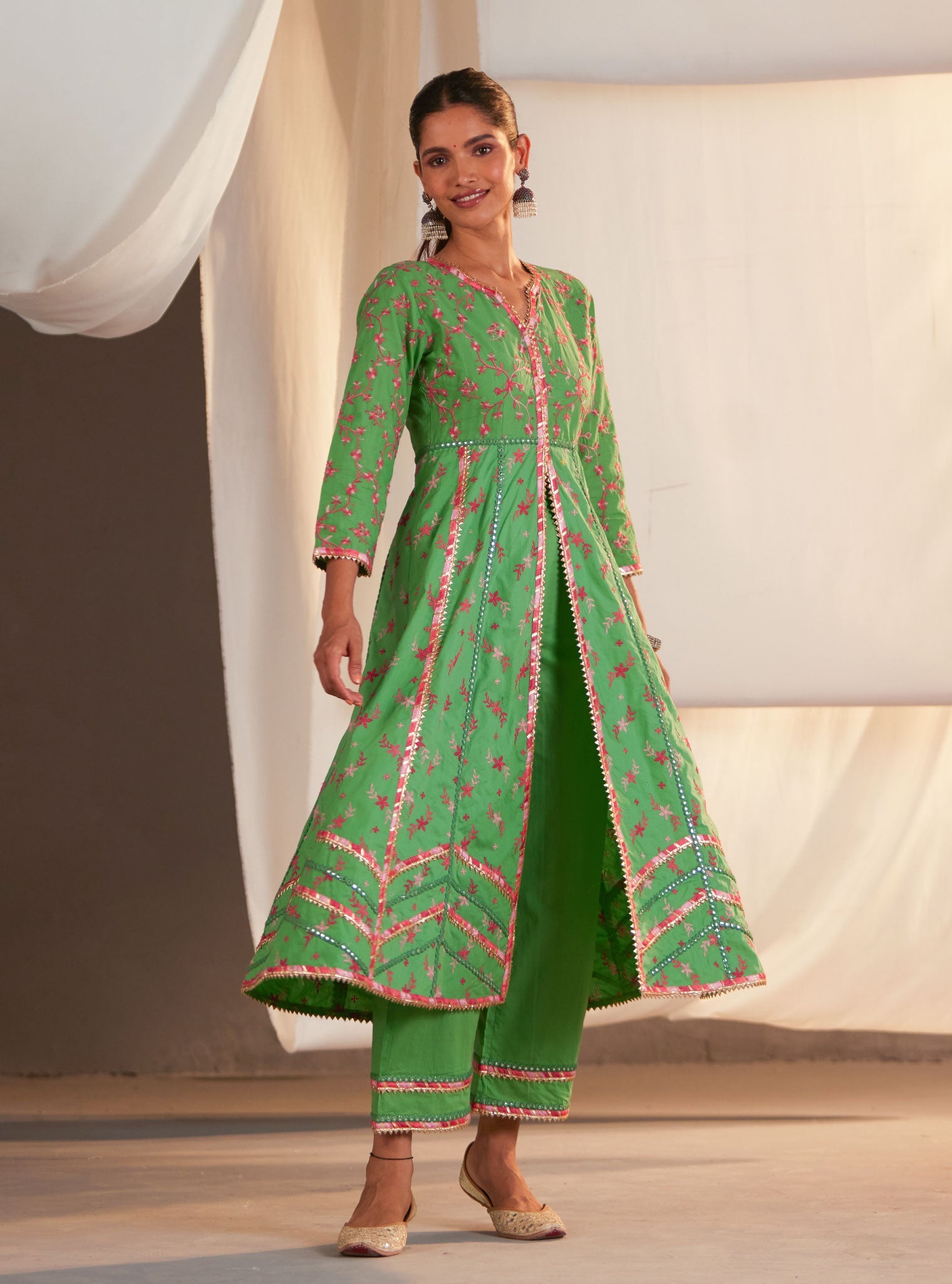 Ayla Supima Cotton Green Anarkali Kurta Set