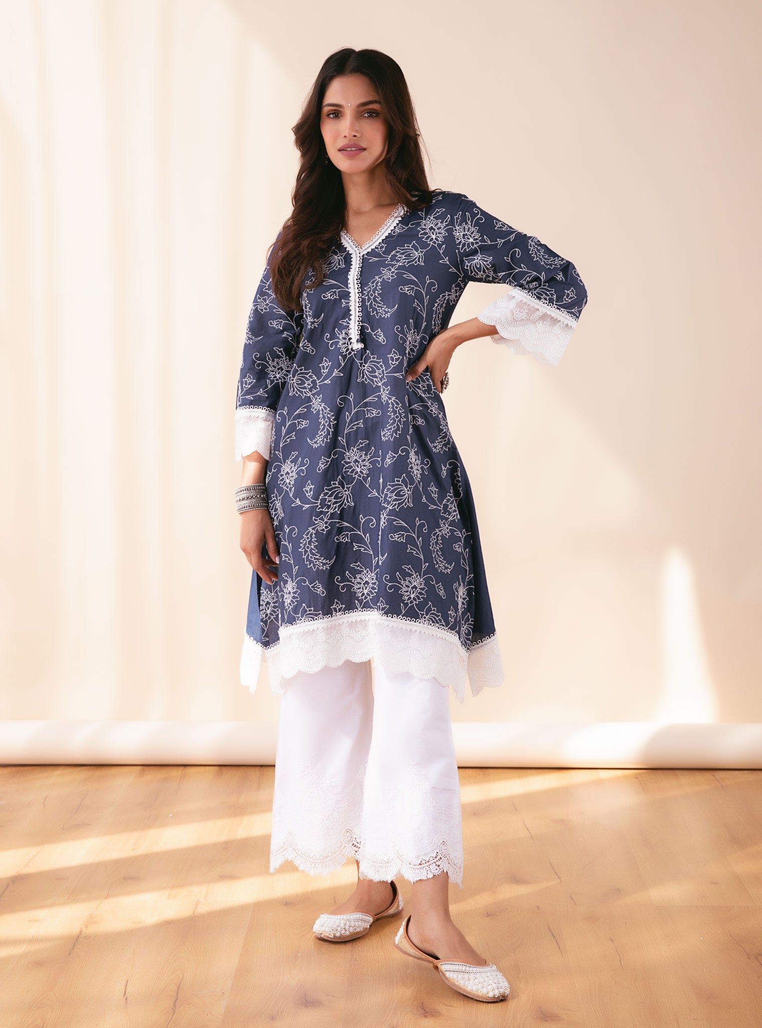 Mulmul Cotton Pixie Navy Kurta With Emb Bellbottom Pyajama