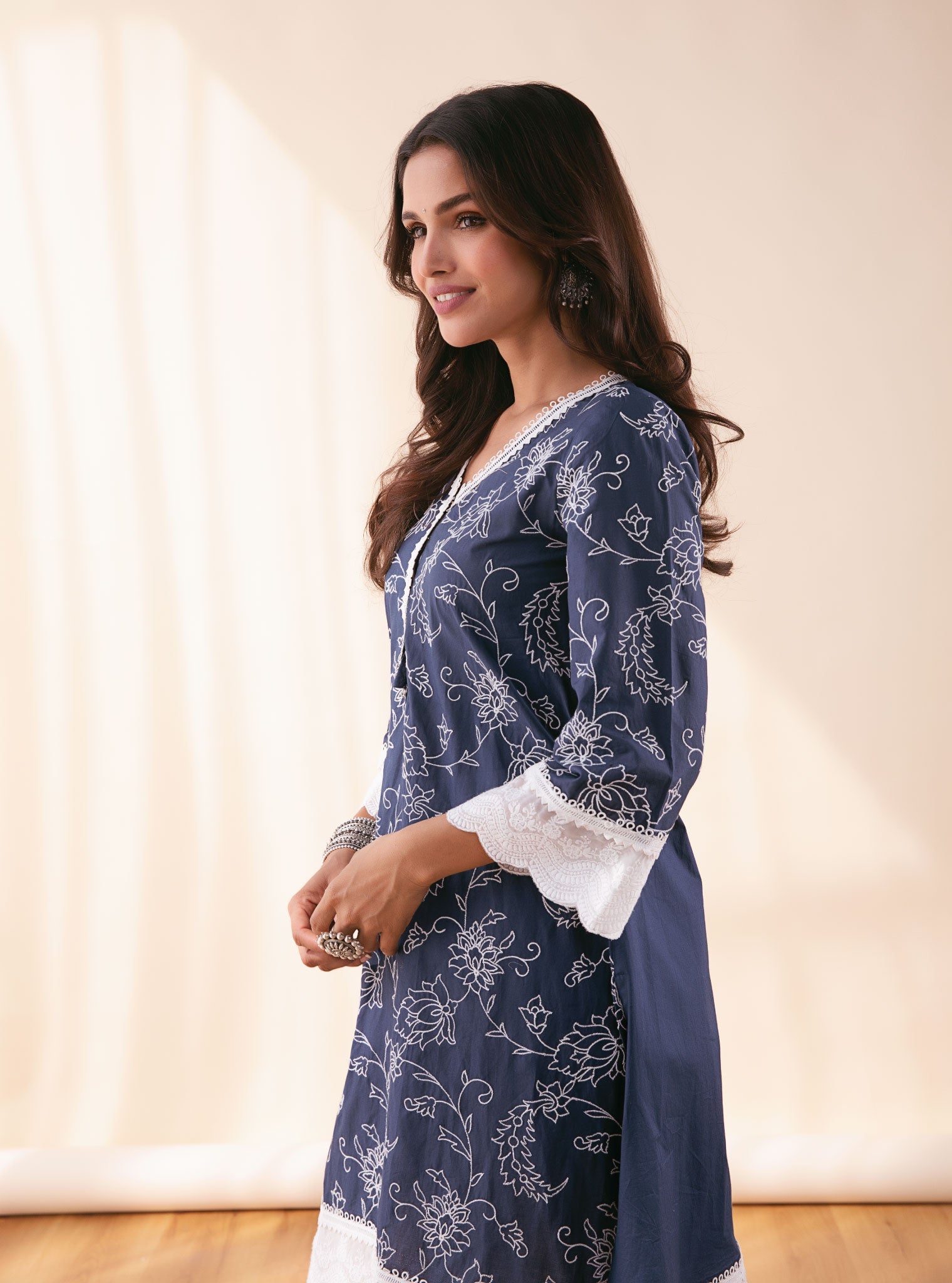 Mulmul Cotton Pixie Navy Kurta With Emb Bellbottom Pyajama