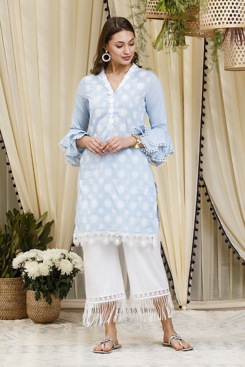 Mulmul Cotton Daffodil Blue Kurta  with New Poppy White Pants