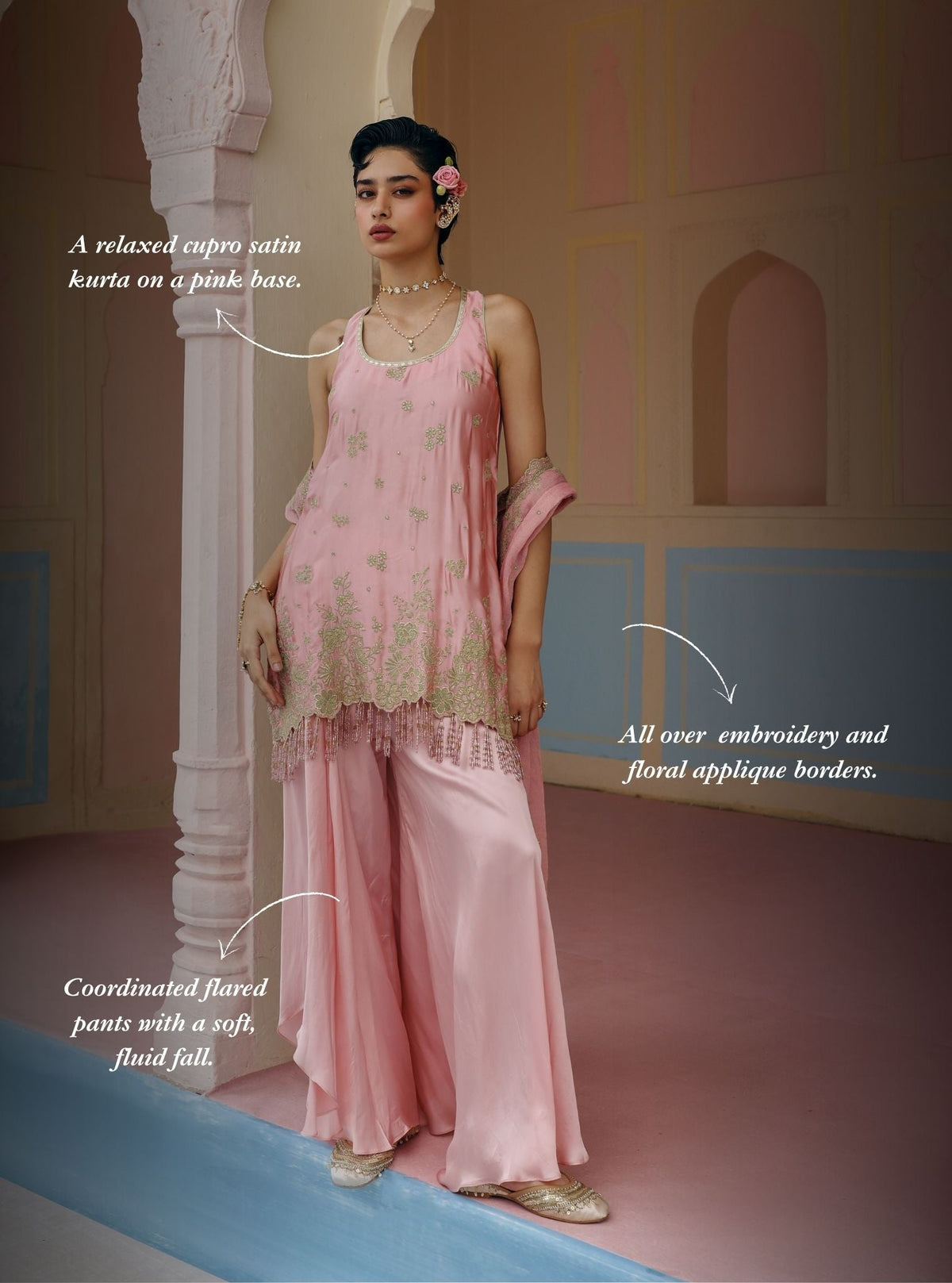 Nemi Cupro Satin Pink Short Kurta with Draped Pants