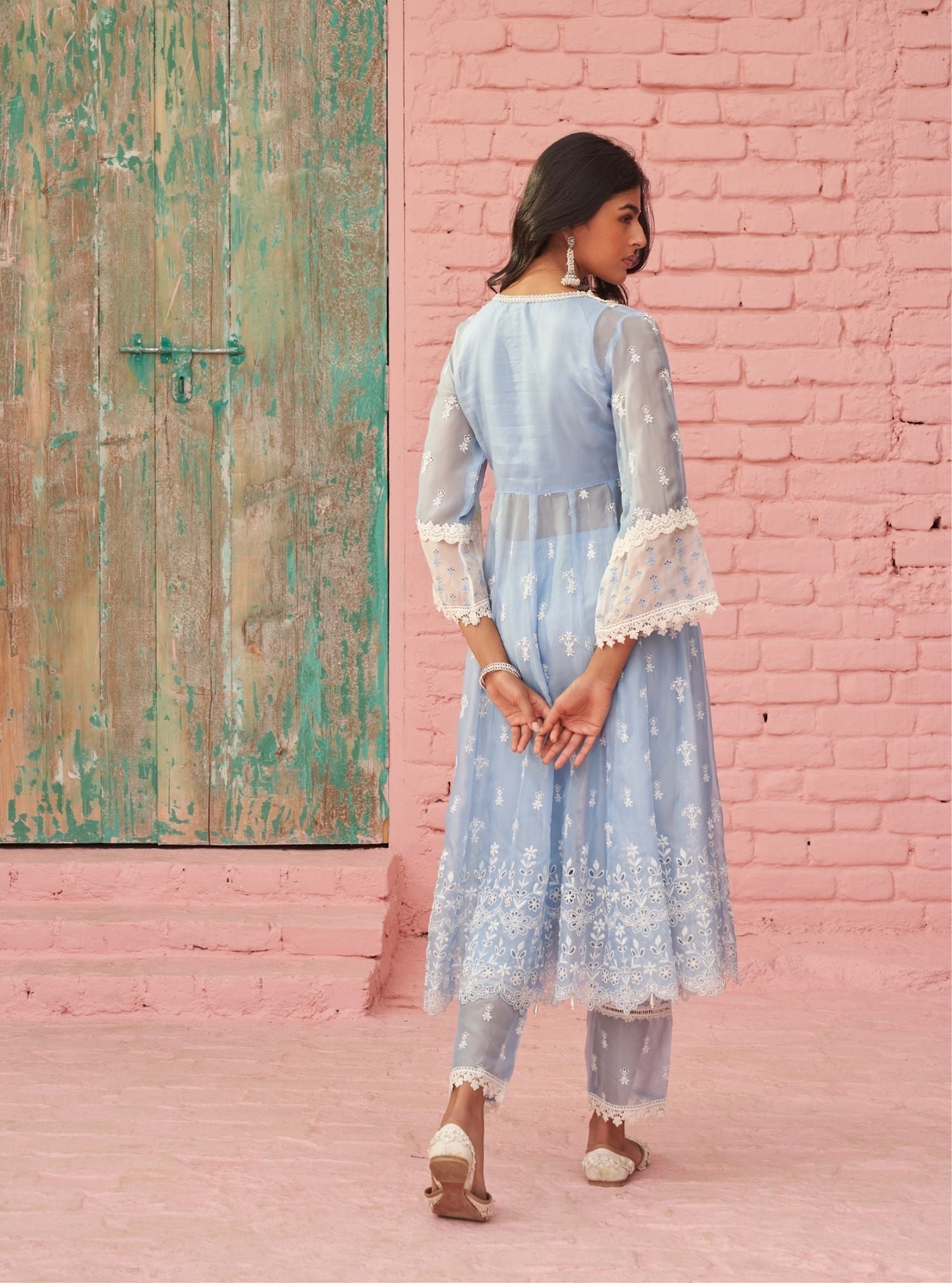 Mulmul Organza Sybil Blue Anarkali Kurta With Mulmul Cotton Sybil Blue Pant