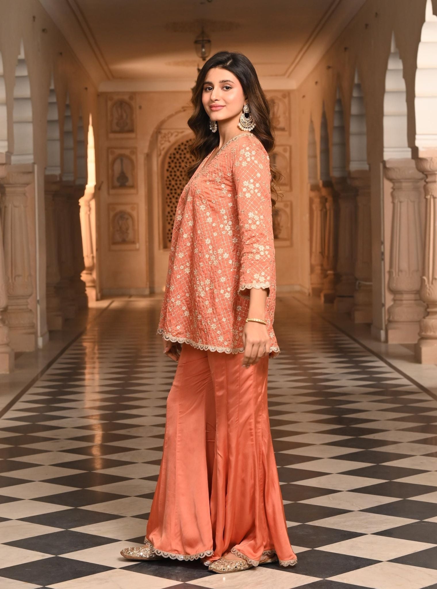 Afreen Organza Satin Burnt Orange Top with Sharara Set