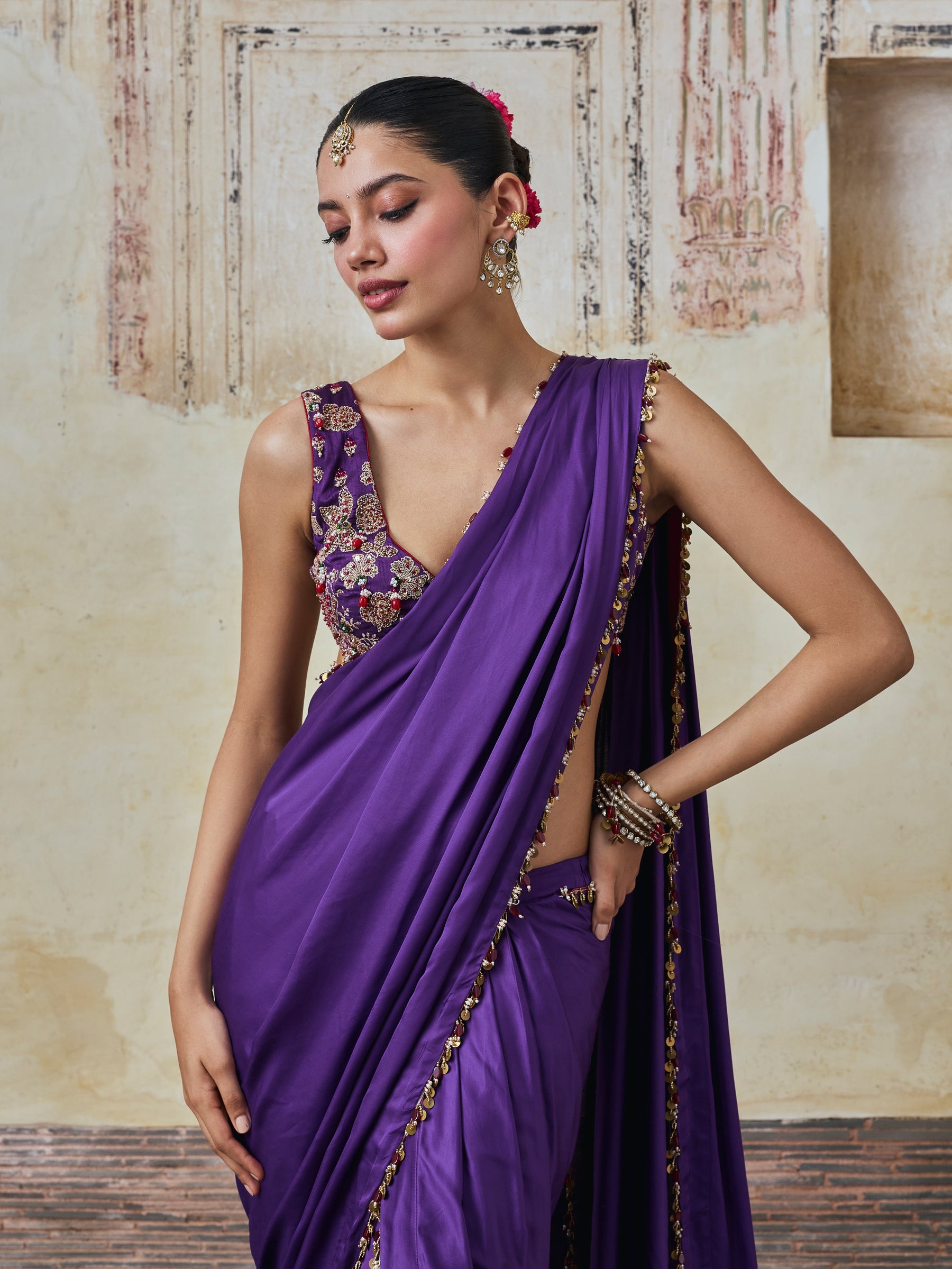 Saawari Cupro Satin Purple Pre-draped Saree