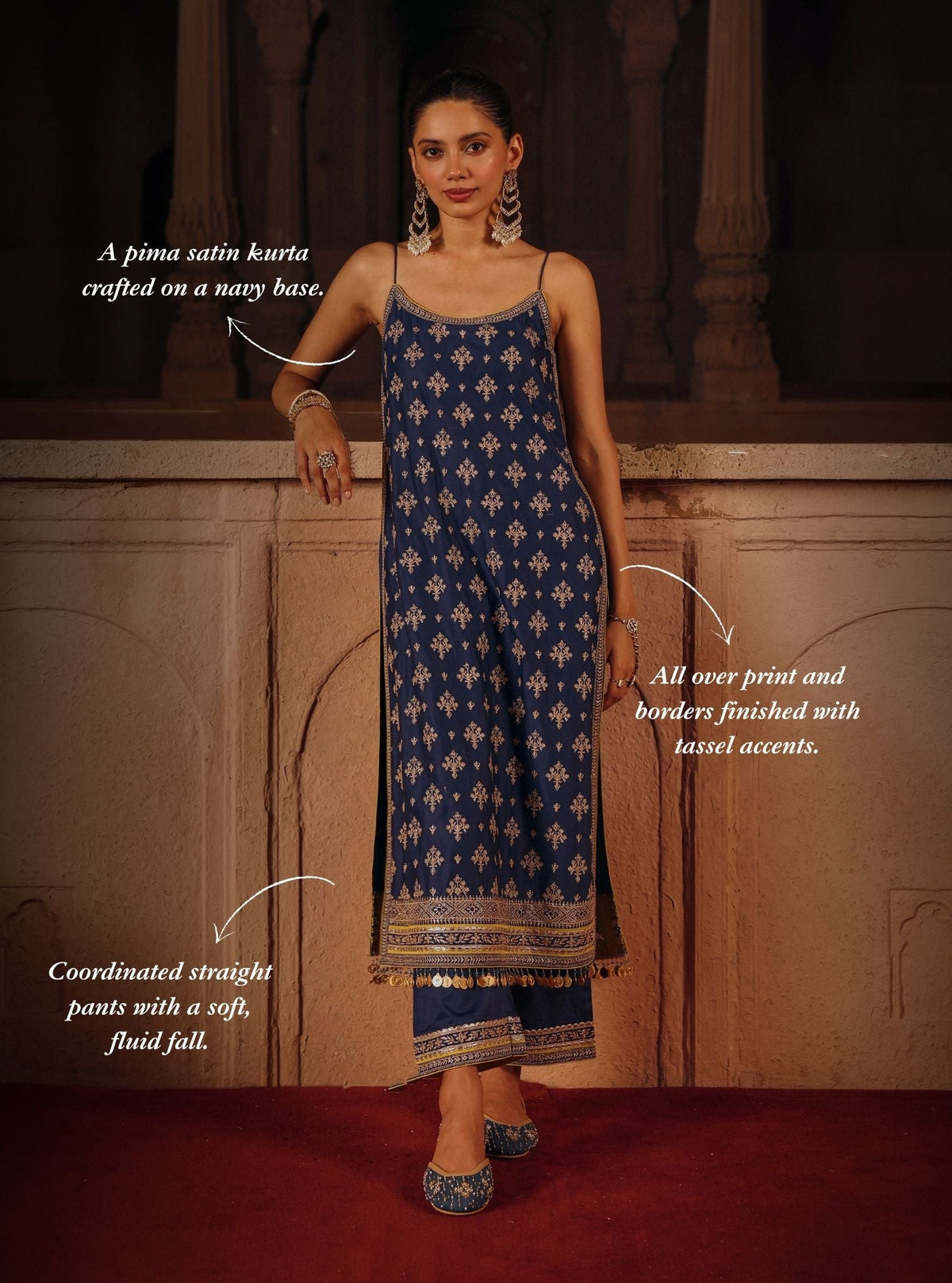 Tori Pima Satin Navy Strappy Long Kurta Set