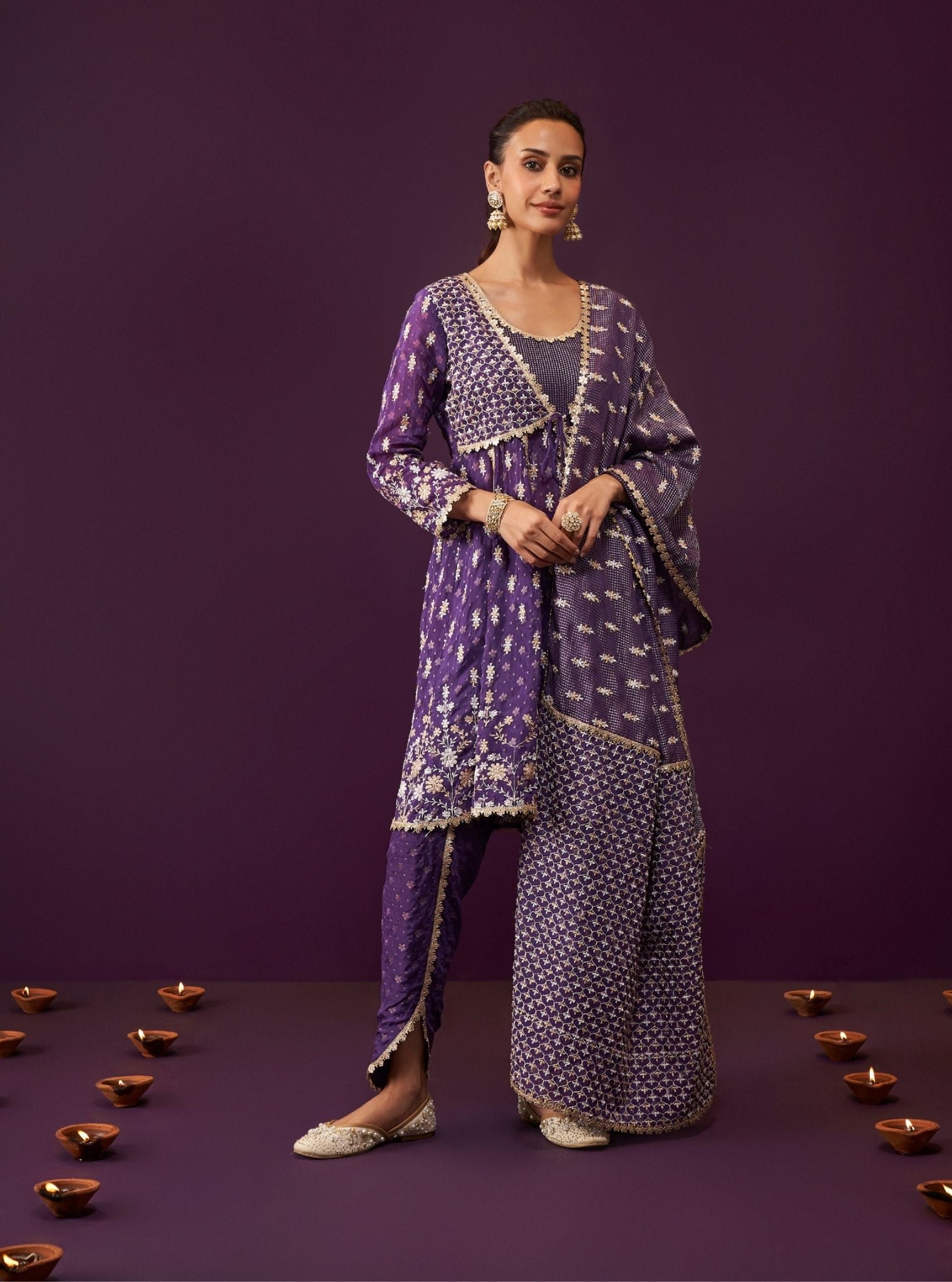 Mulmul Banarsi Nyah Purple Short Anarkali Kurta With Mulmul Banarsi Nyah Purple Dhoti Pant