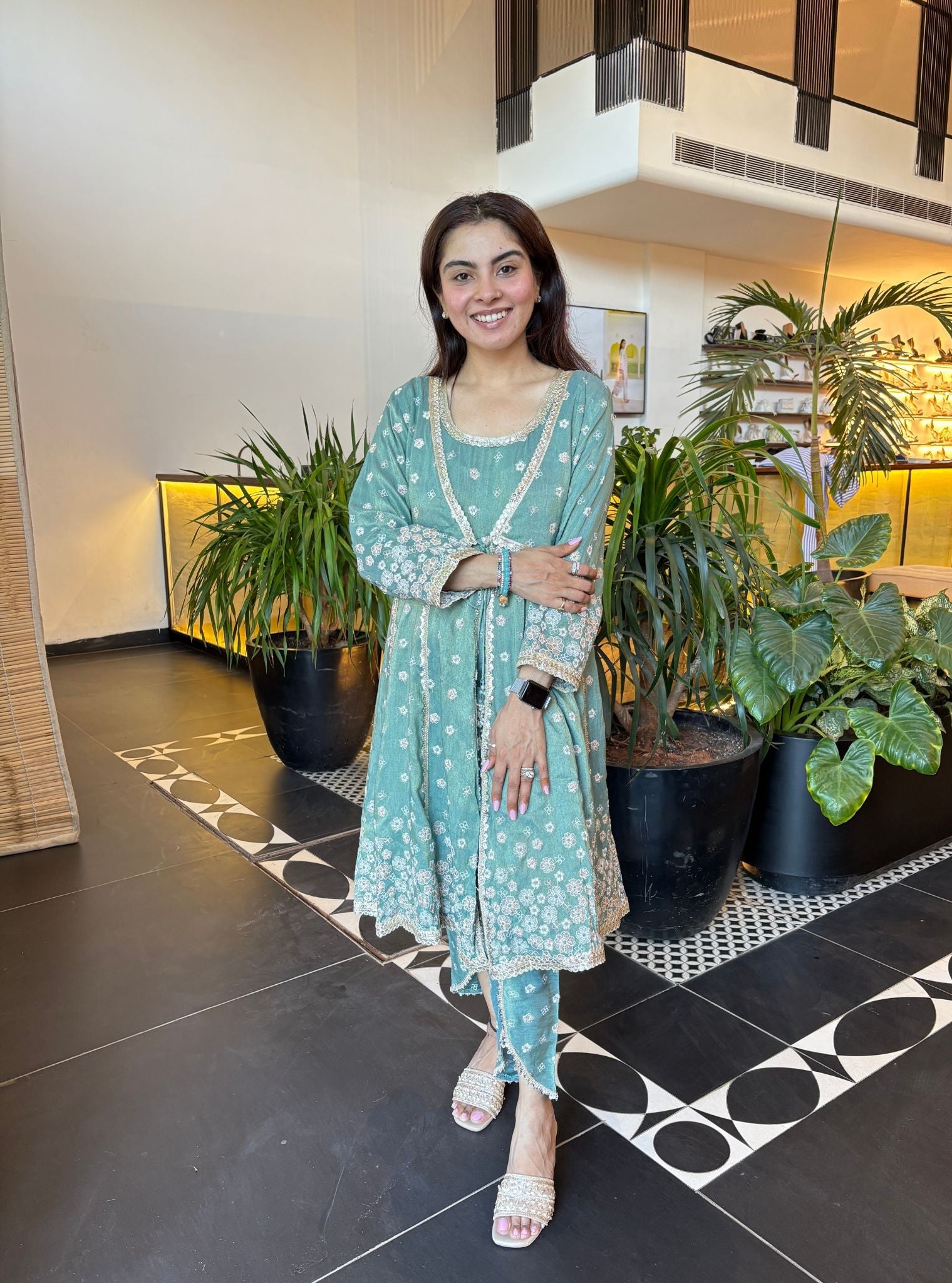 Sajeya Tissue Satin Teal Blue Anarkali Kurta Set