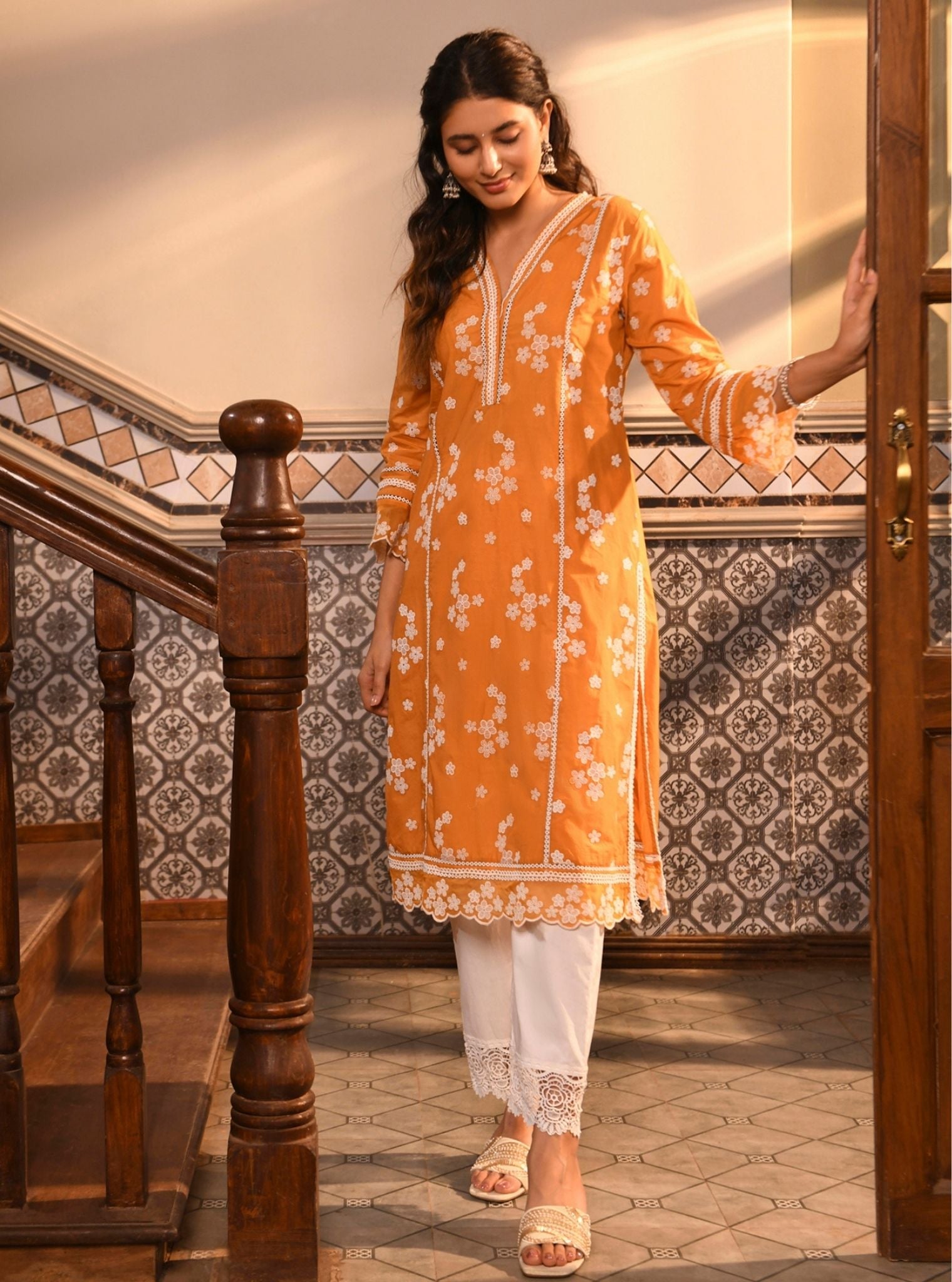 Mulmul Cotton Malisa Orange Kurta With Mulmul Cotton Floral Chemical Lace White Pant