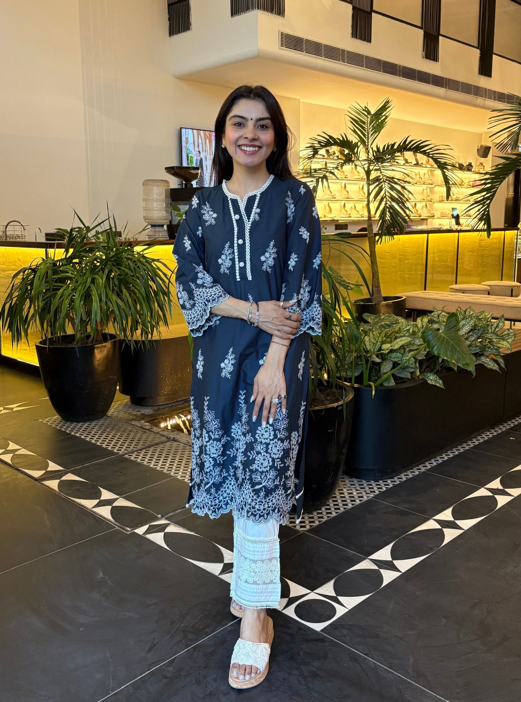 Moon Light Supima Cotton Navy Kurta With New Pintuck White Pant