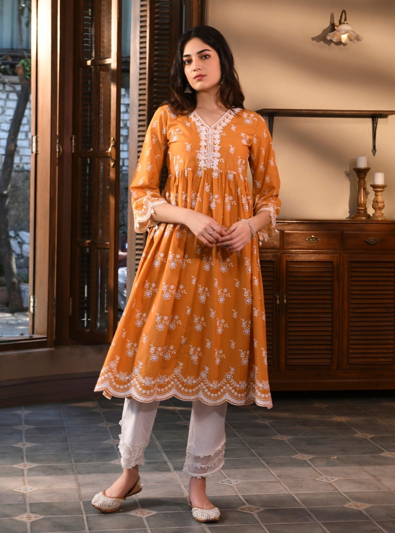 Mulmul Cotton Afarin Orange Kurta With Mulmul Cotton Round Hem Organza Panel White Pant