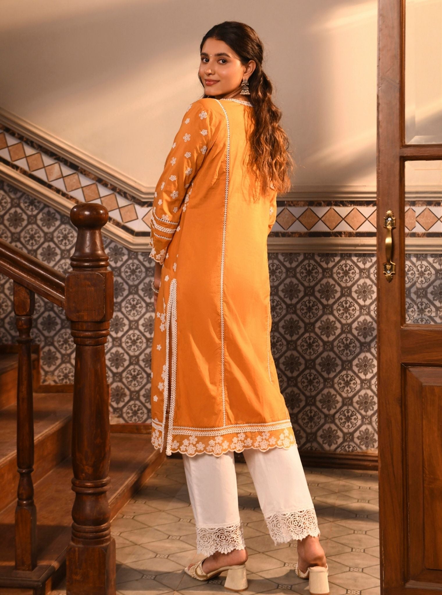 Mulmul Cotton Malisa Orange Kurta With Mulmul Cotton Floral Chemical Lace White Pant