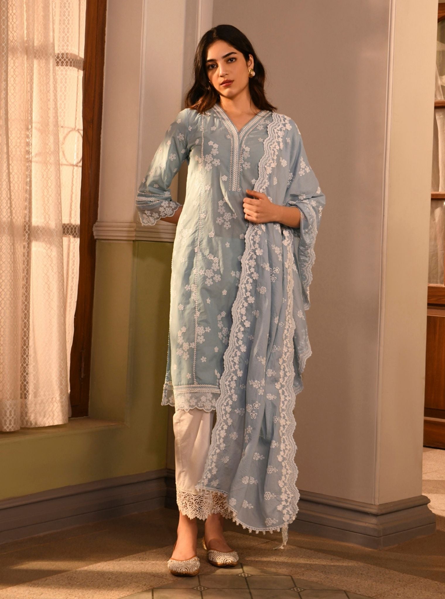 Mulmul Cotton Malisa Light Blue Kurta With Mulmul Cotton Floral Chemical Lace White Pant