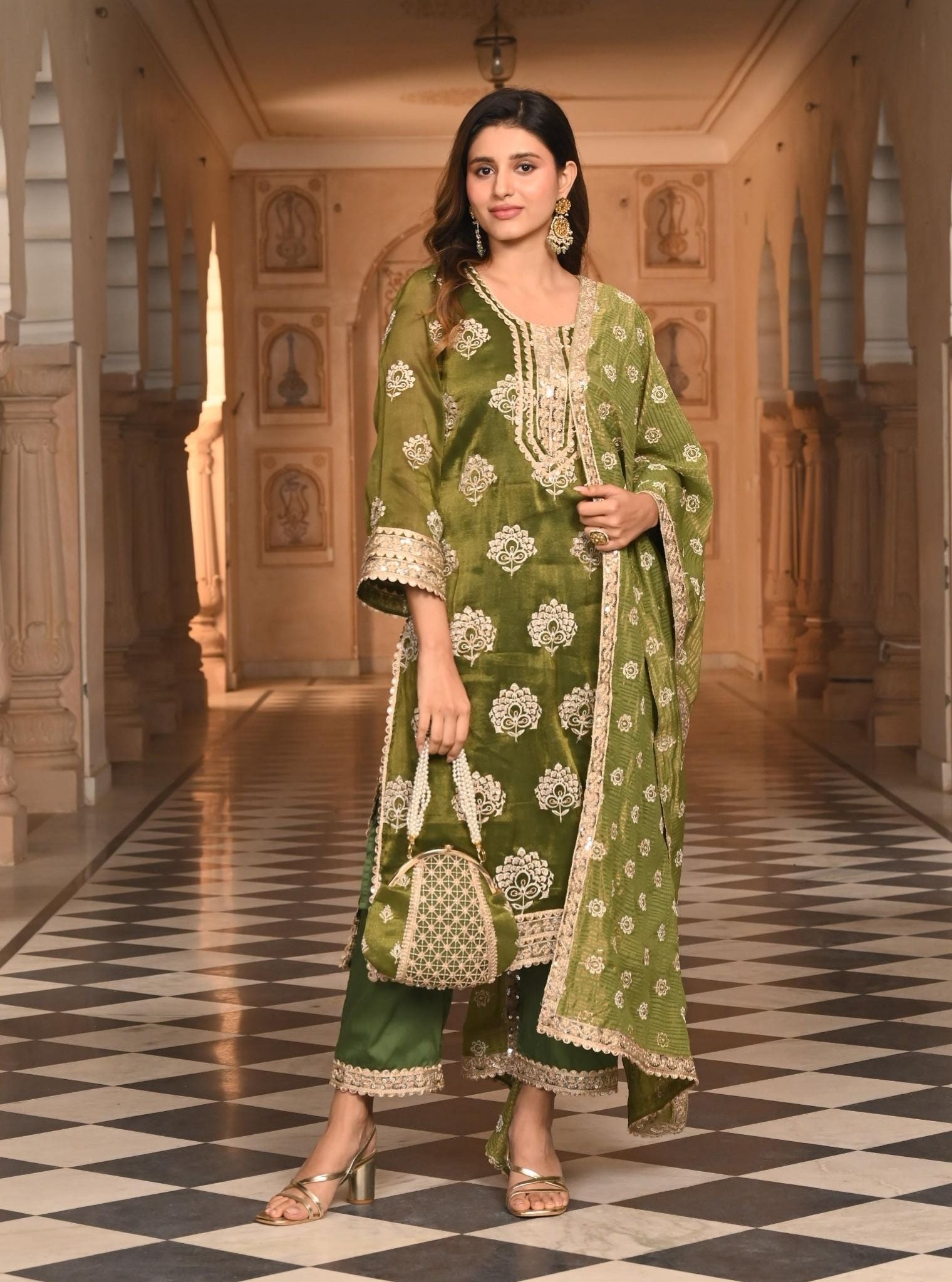 Mulmul Luxe Tissue Kasuri Moss Green Kurta with Mulmul Pima Satin Kasuri Moss Green Pant