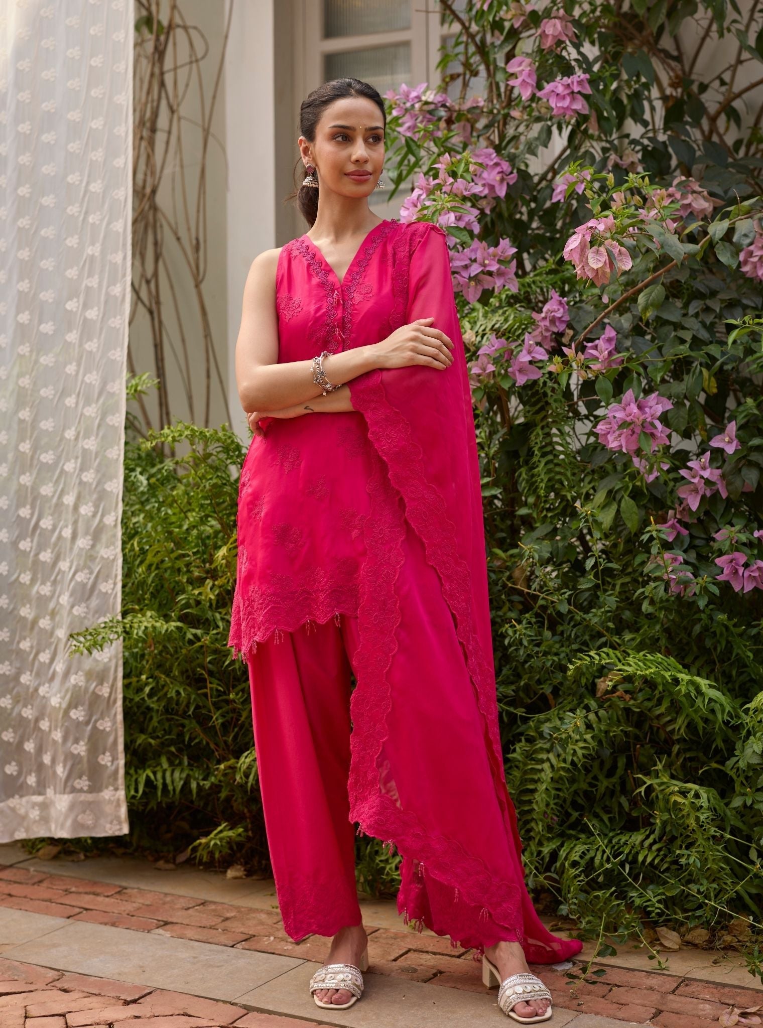 Tiki Organza Fuchsia Kurta Set
