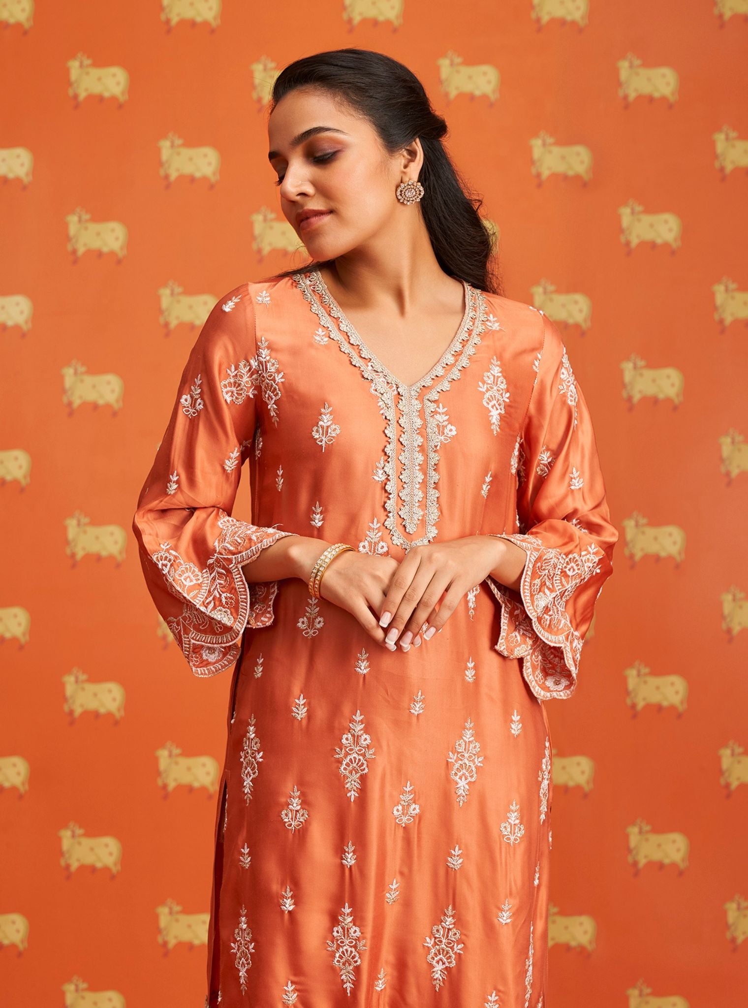 Mulmul Cupro Satin Emon Burnt Orange Kurta With Mulmul Cupro Satin Emon Fuschia Pant