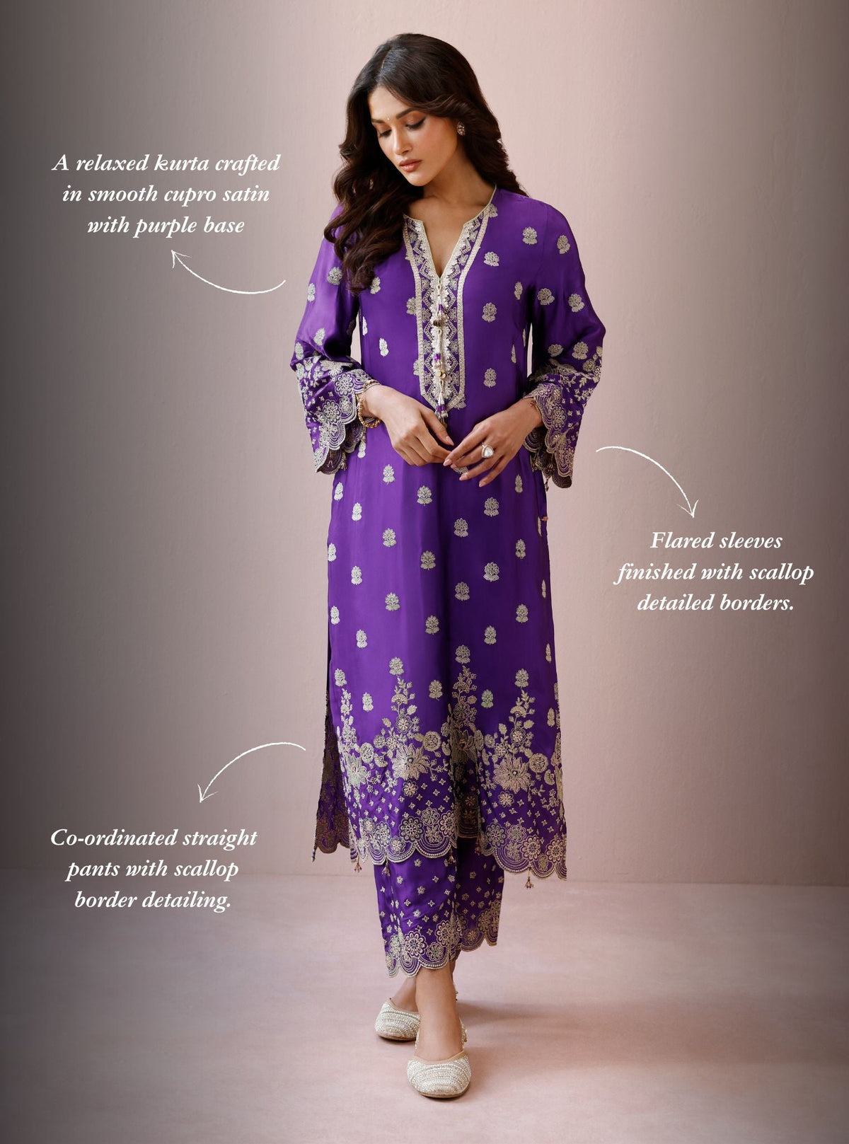 Laina Cupro Satin Purple Long Kurta Set