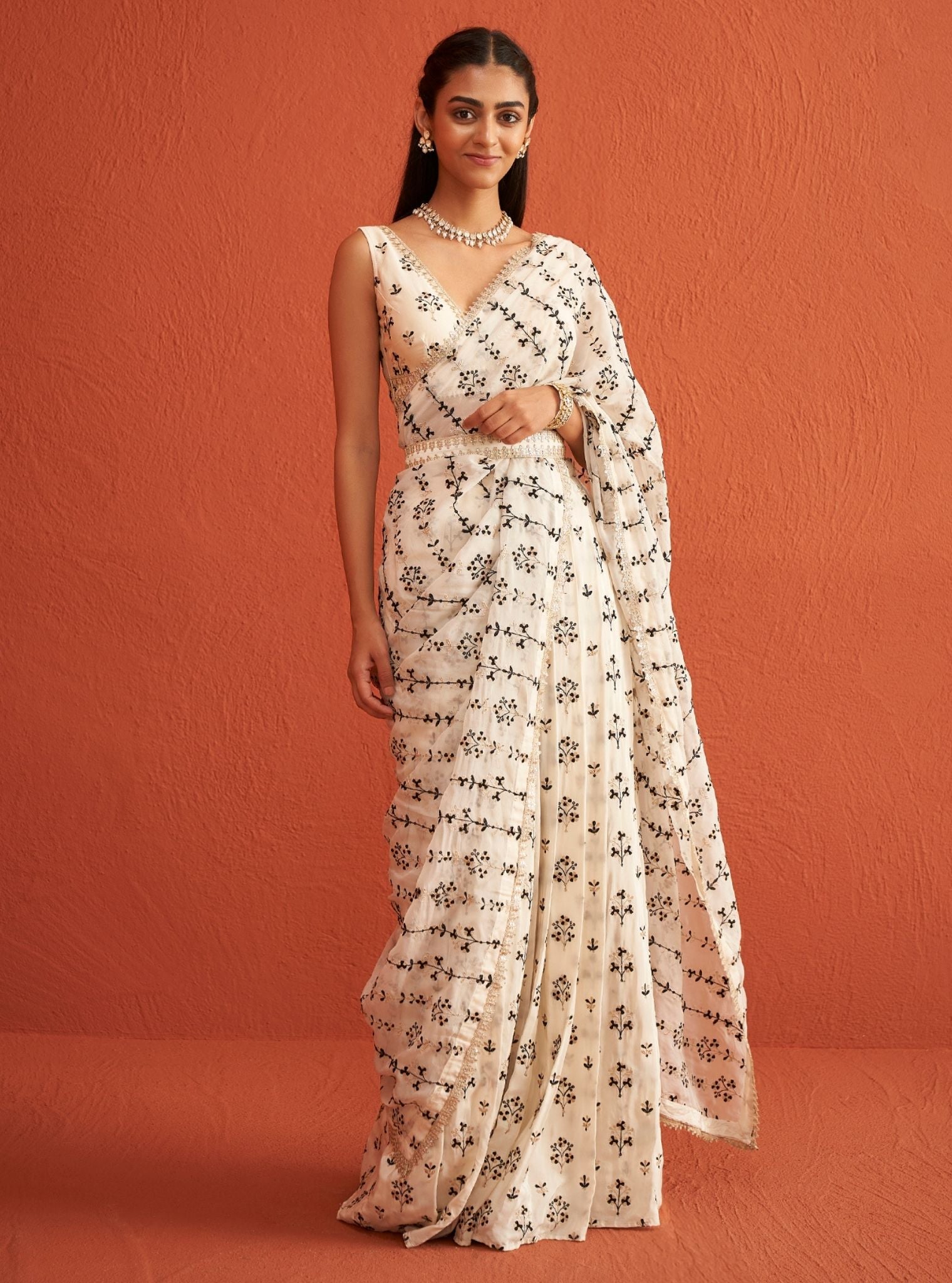 Sohneya Organza + Crepe Off White Saree