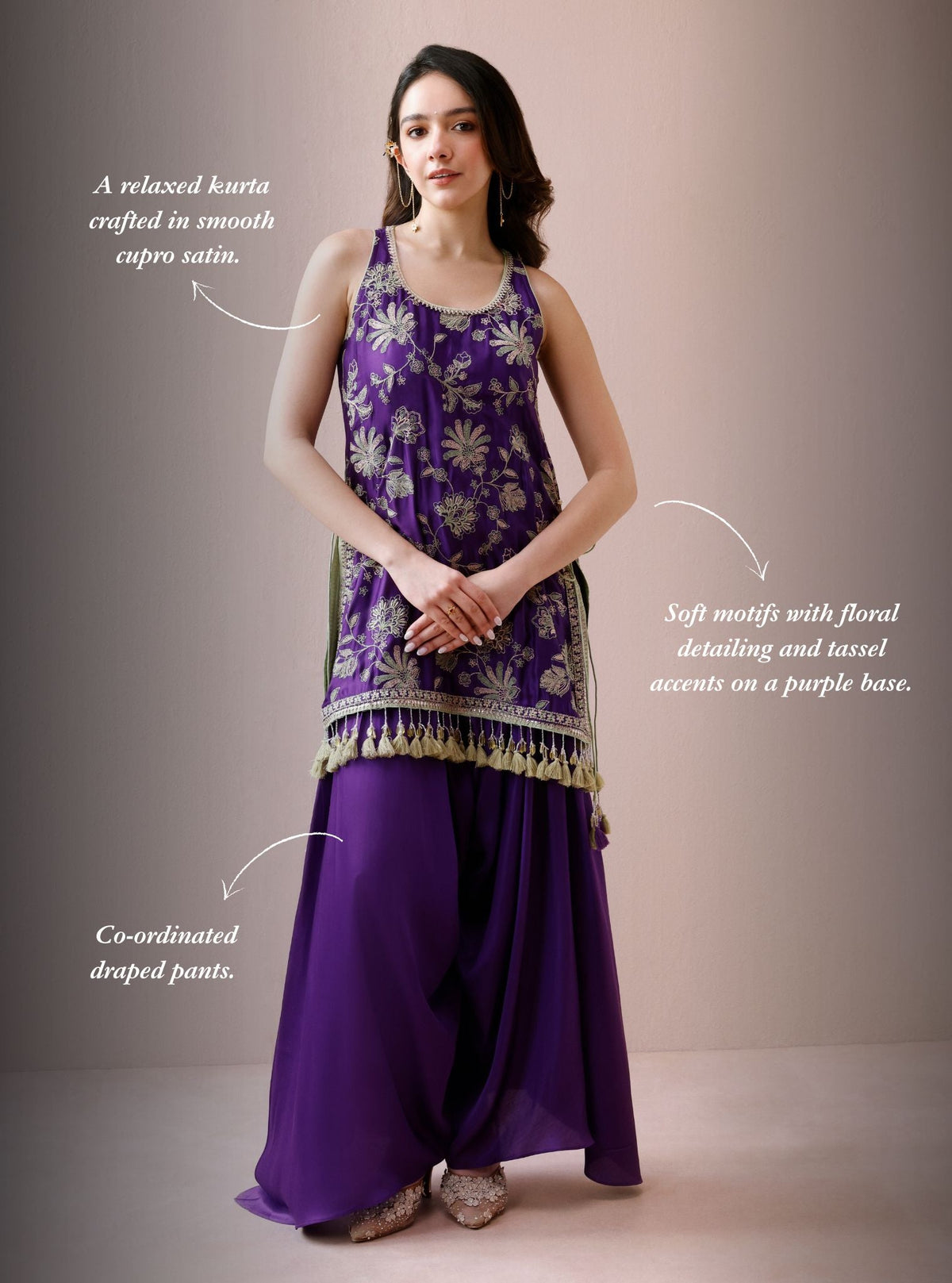 Zani Cupro Satin Purple Kurta with Draped Pants