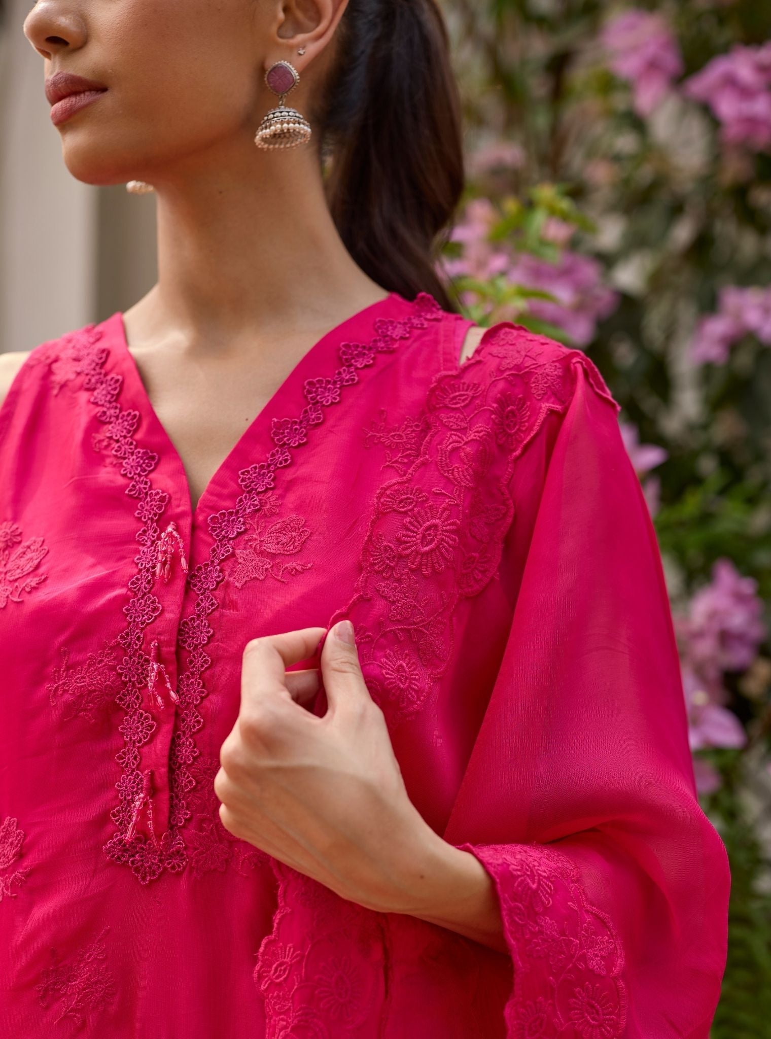 Tiki Organza Fuchsia Kurta Set
