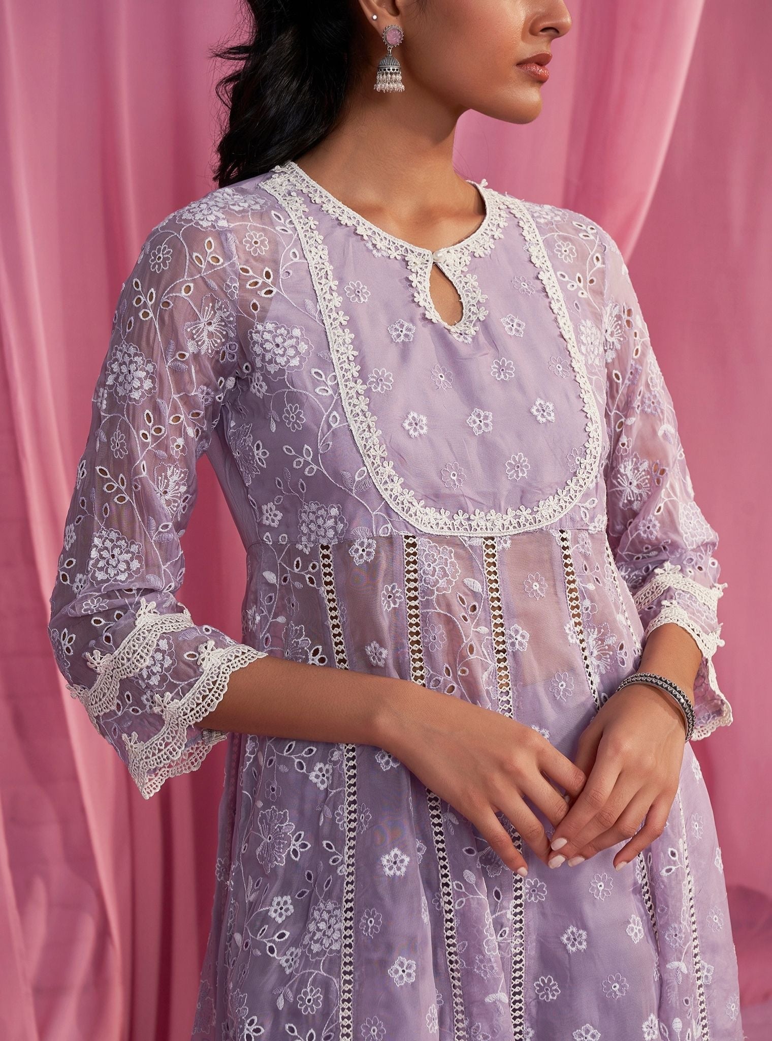 Mulmul Organza Britney Lavender Anarkali Kurta With Mulmul Cotton Britney Lavender Pant