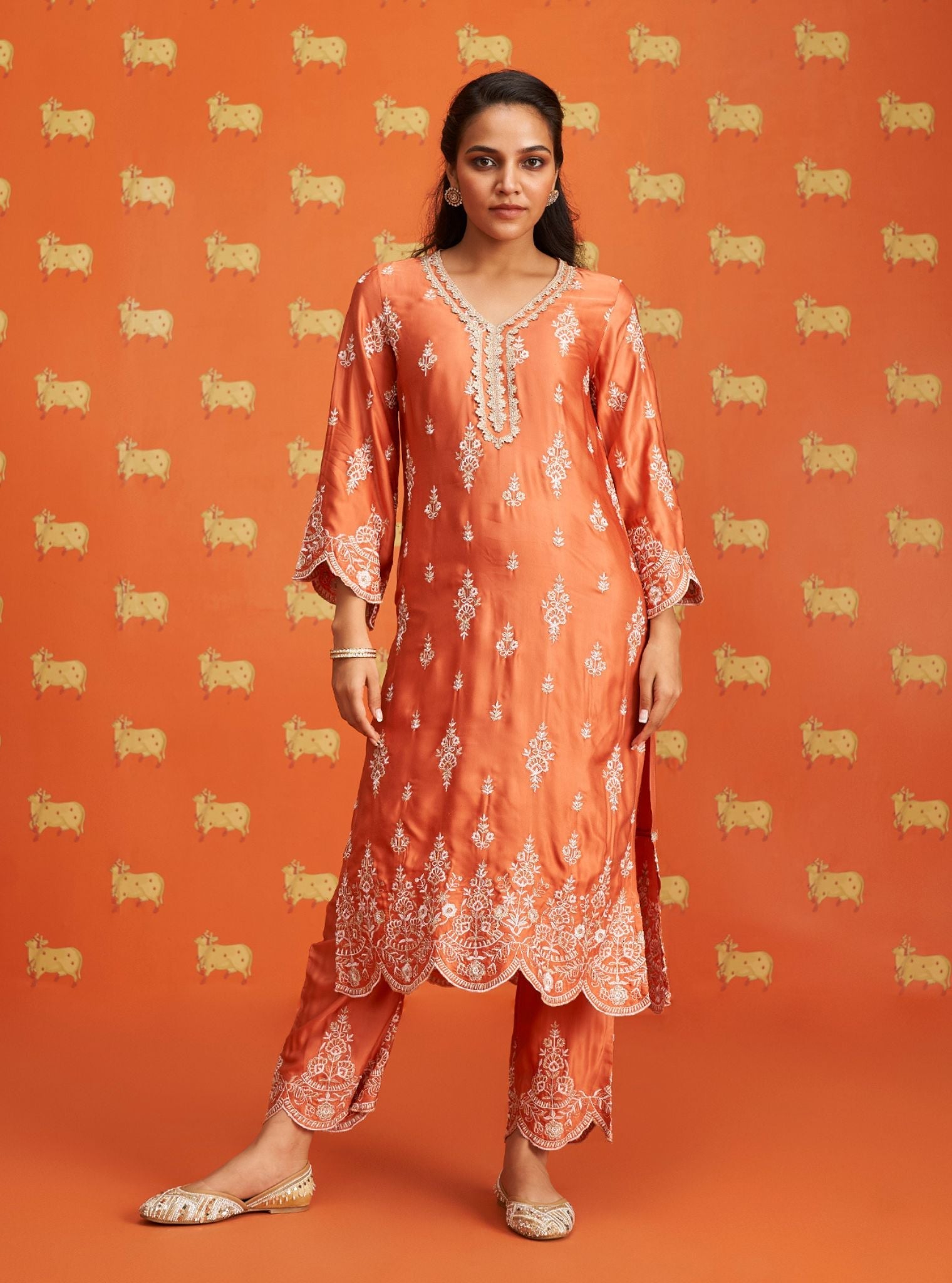 Emon Tissue Linen Satin Burnt Orange Kurta Set