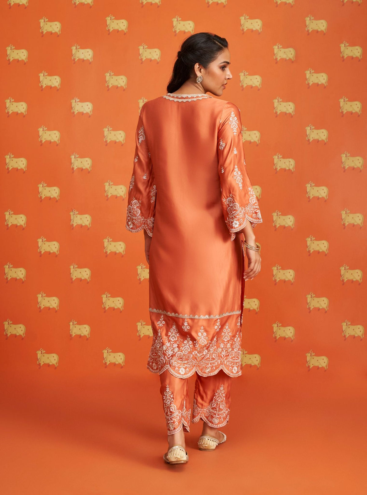 Emon Tissue Linen Satin Burnt Orange Kurta Set