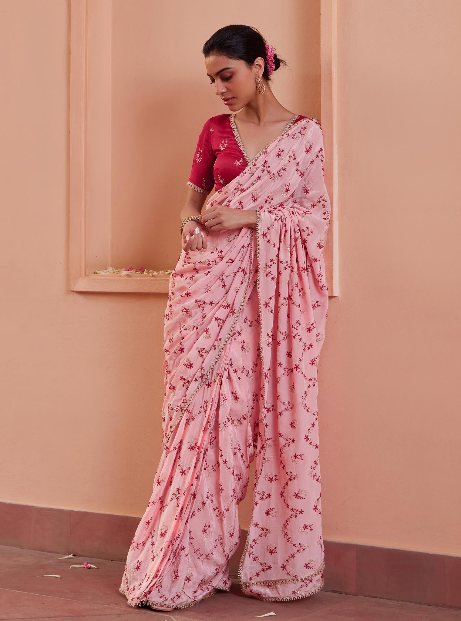 Mulmul Crepe Tavisi Pink Pre-Stitched?˜Saree