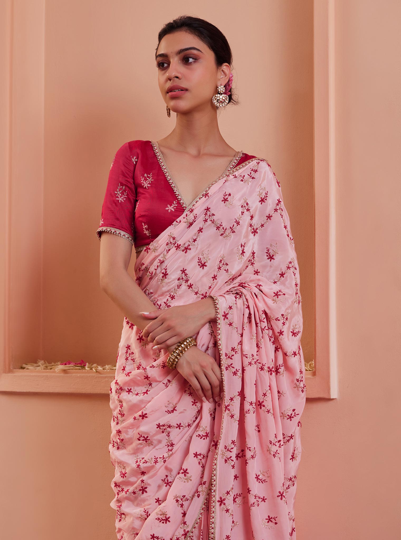 Mulmul Crepe Tavisi Pink Pre-Stitched?˜Saree