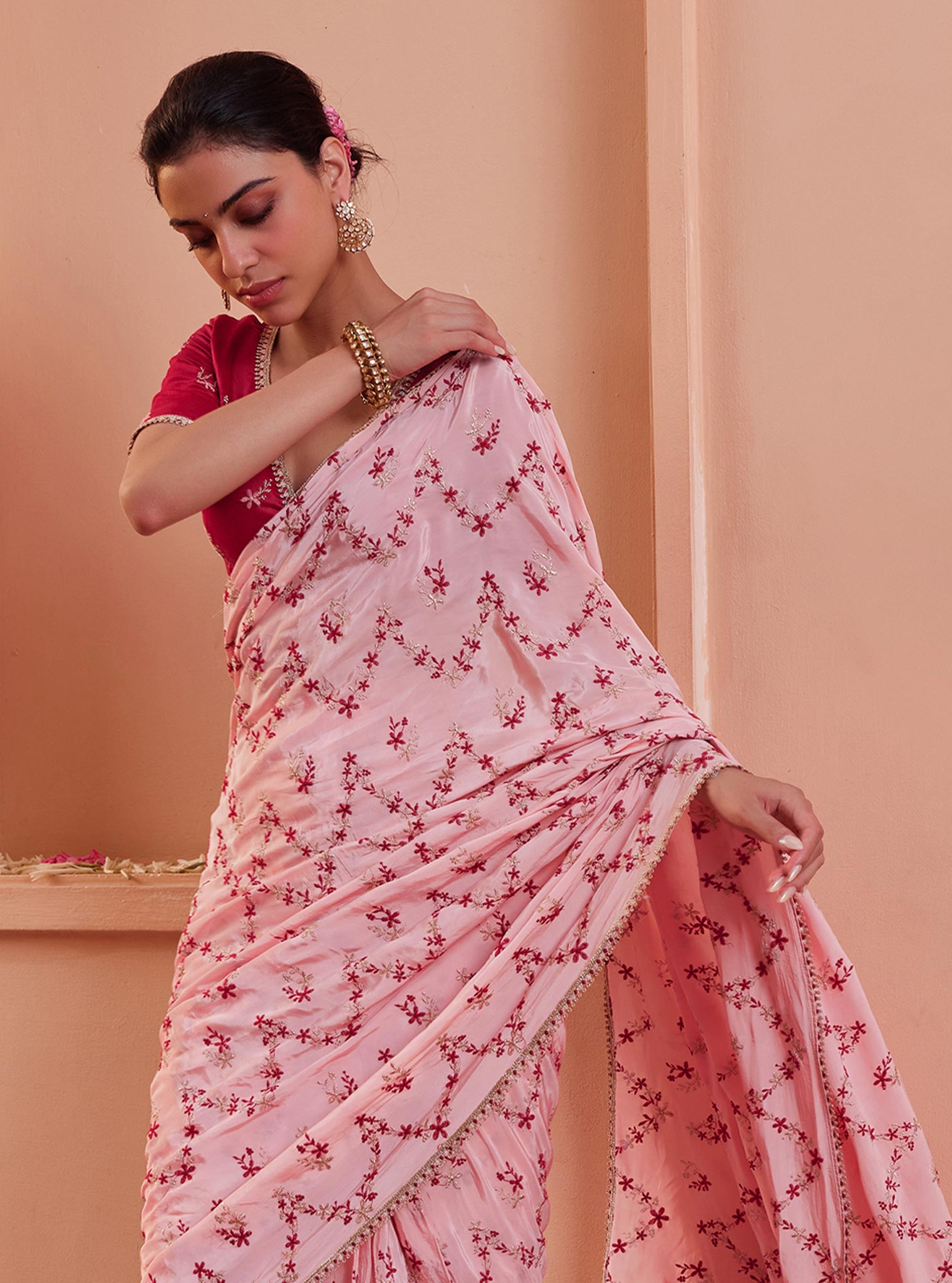 Mulmul Crepe Tavisi Pink Pre-Stitched?˜Saree