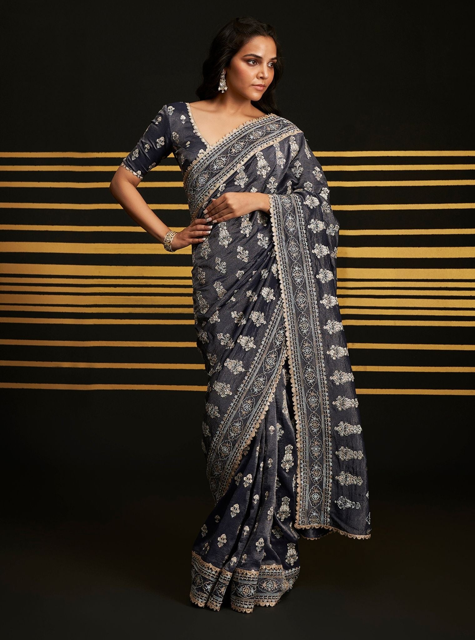 Mulmul Royal Tissue Rangrez Navy Saree