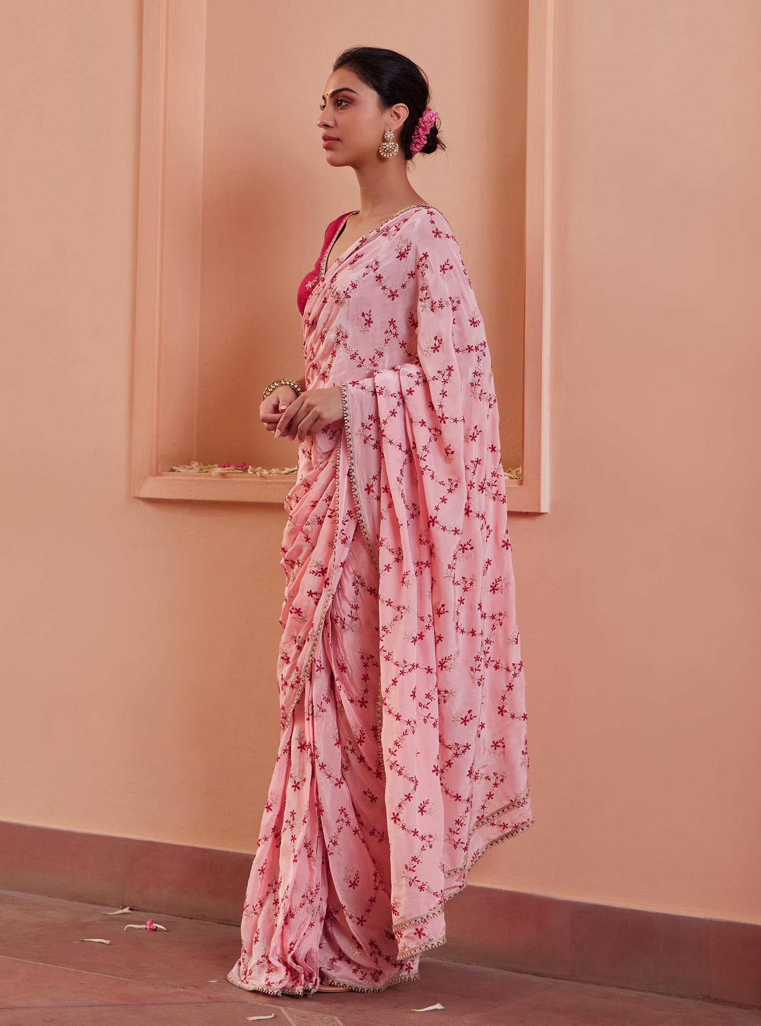 Mulmul Crepe Tavisi Pink Pre-Stitched?˜Saree