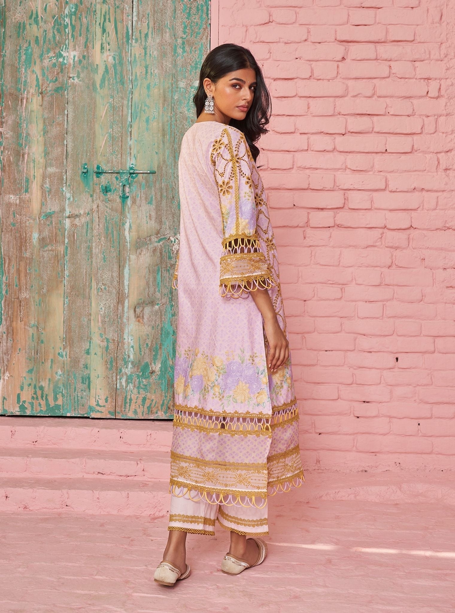 Mulmul Cotton Printed Poema Pink Kurta With Mulmul Cotton Poema Pink Pant