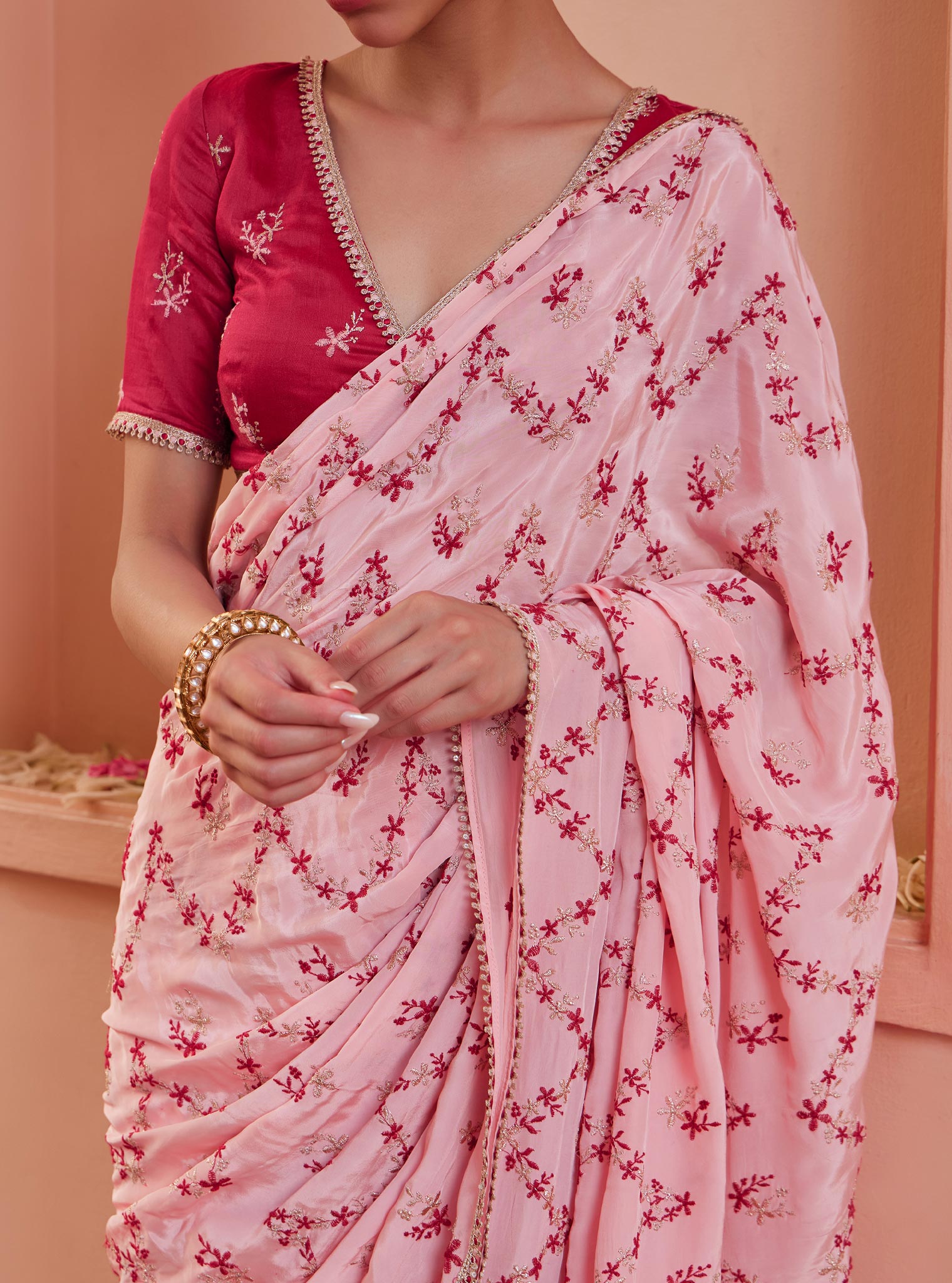 Mulmul Crepe Tavisi Pink Pre-Stitched?˜Saree