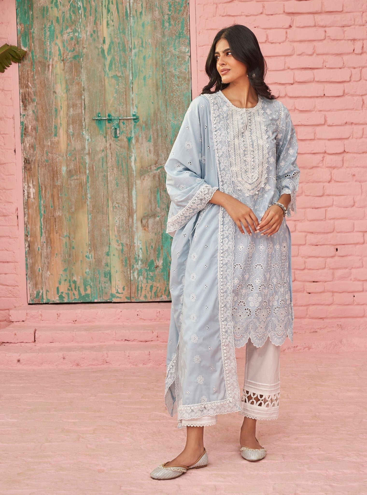 Mulmul Cotton Gauri Light Blue Kurta