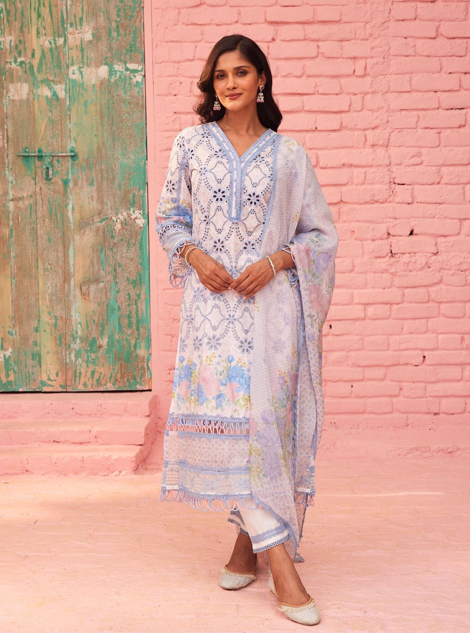 Mulmul Cotton Printed Poema White Kurta With Mulmul Cotton Poema White Pant