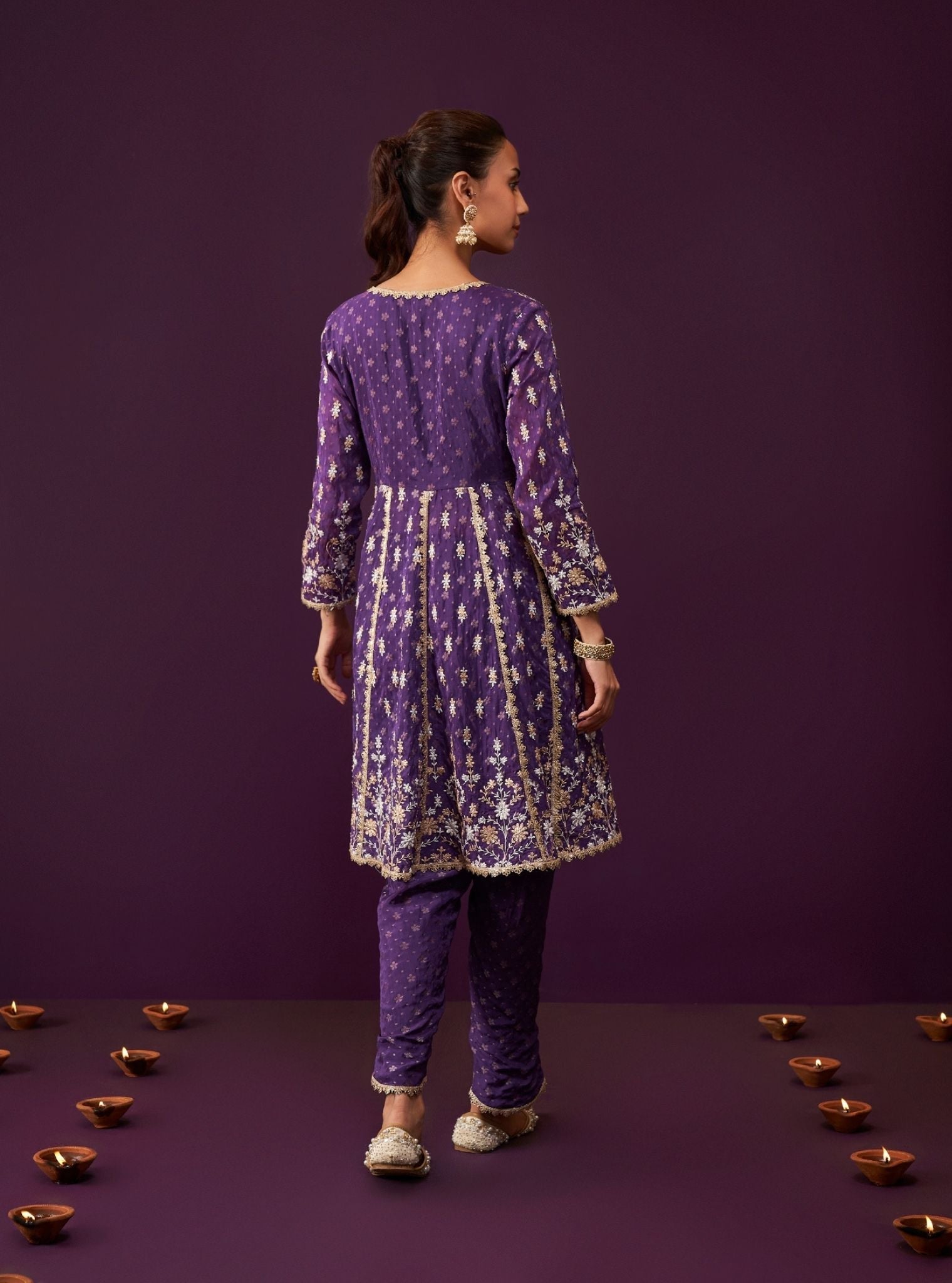 Mulmul Banarsi Nyah Purple Short Anarkali Kurta With Mulmul Banarsi Nyah Purple Dhoti Pant