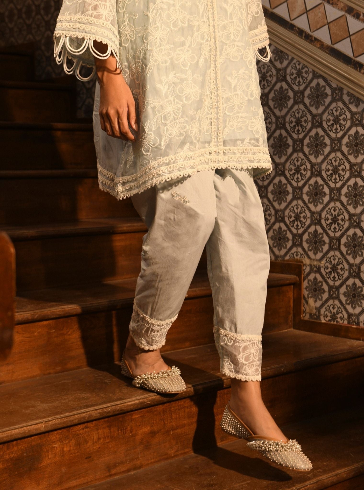 Mulmul Organza Alma Light Blue Kurta With Mulmul Cotton Alma Light Blue Pant