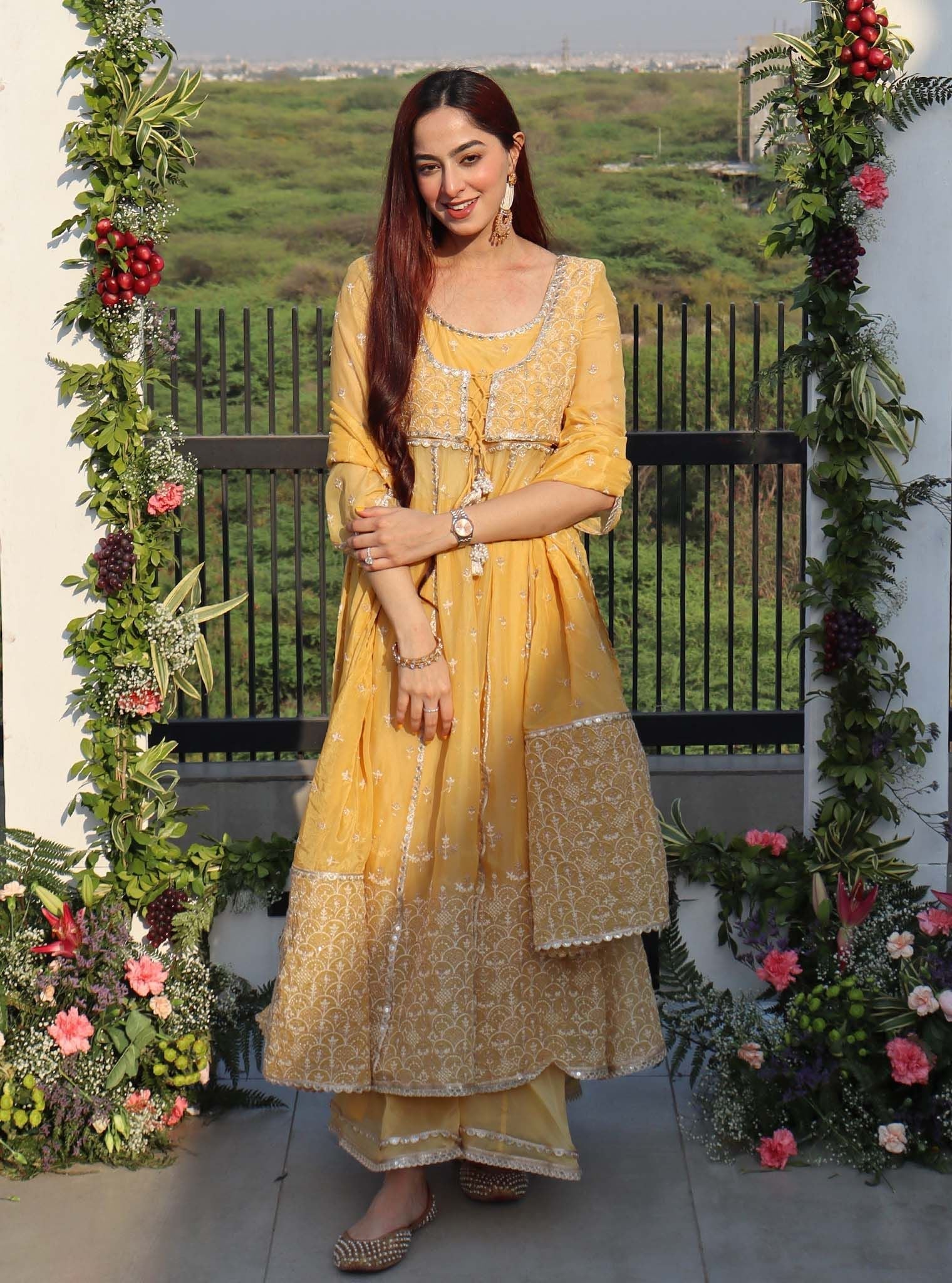 Mulmul Organza Sheri Yellow Anarkali Kurta With Mulmul Organza Sheri Yellow Sharara