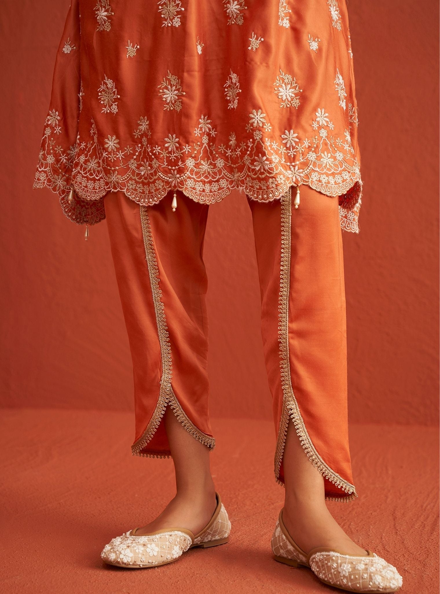 Mulmul Cupro Satin Kangna Burnt Orange Kurta With Mulmul Cupro Satin Kangna Burnt Orange Pant