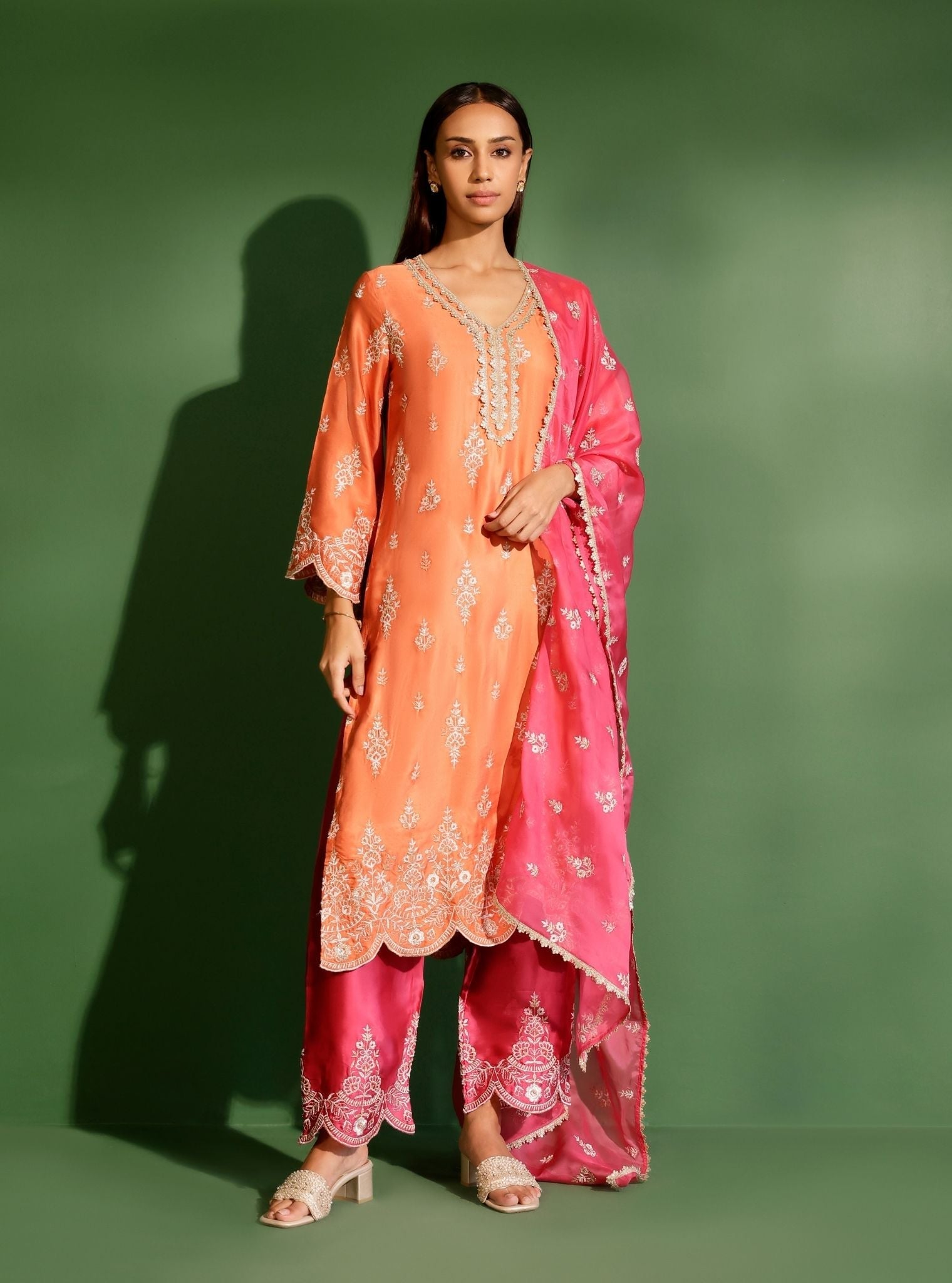 Emon Cupro Satin Burnt Orange Kurta With Fuschia Pant