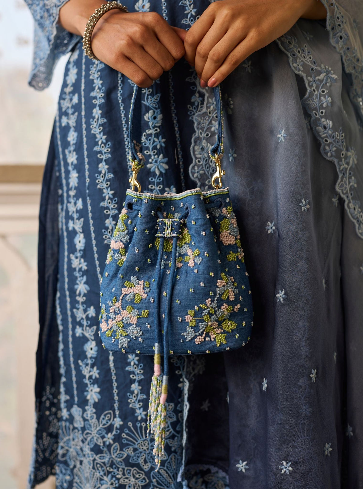 Zara Denim Multi Colour Potli Bag