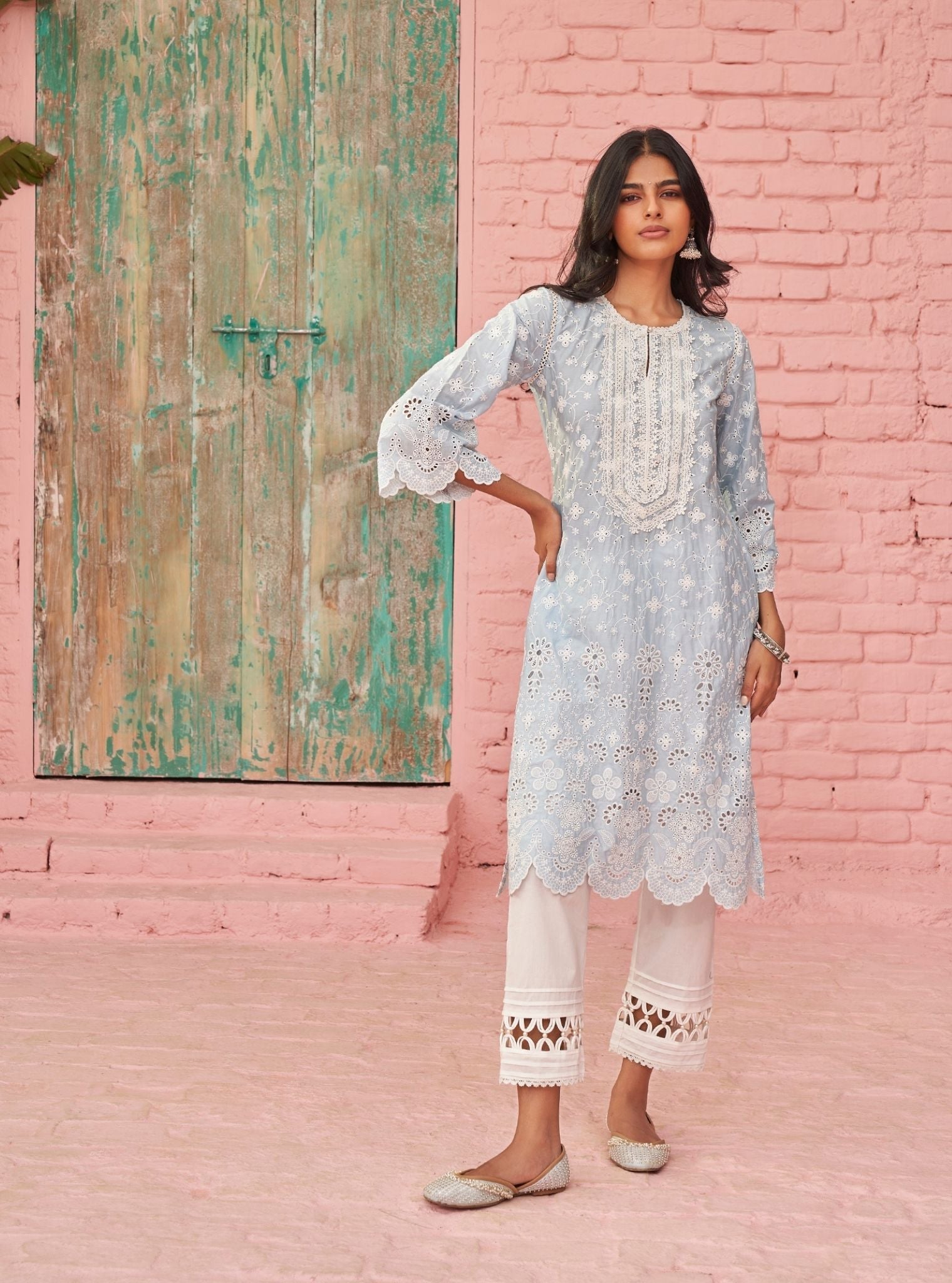 Mulmul Cotton Gauri Light Blue Kurta With Mulmul Cotton Fiza White Pant